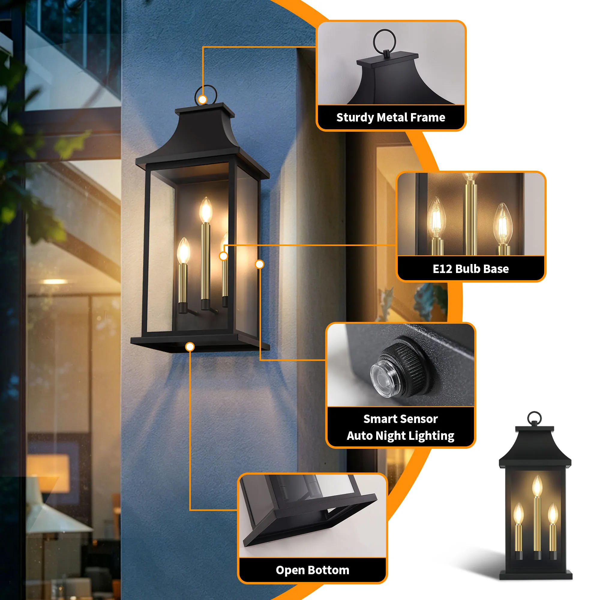 Matte Black 3-Light Clear Glass Outdoor Wall Light, 27.7 in · Dusk-to-Dawn, image 6 of 9