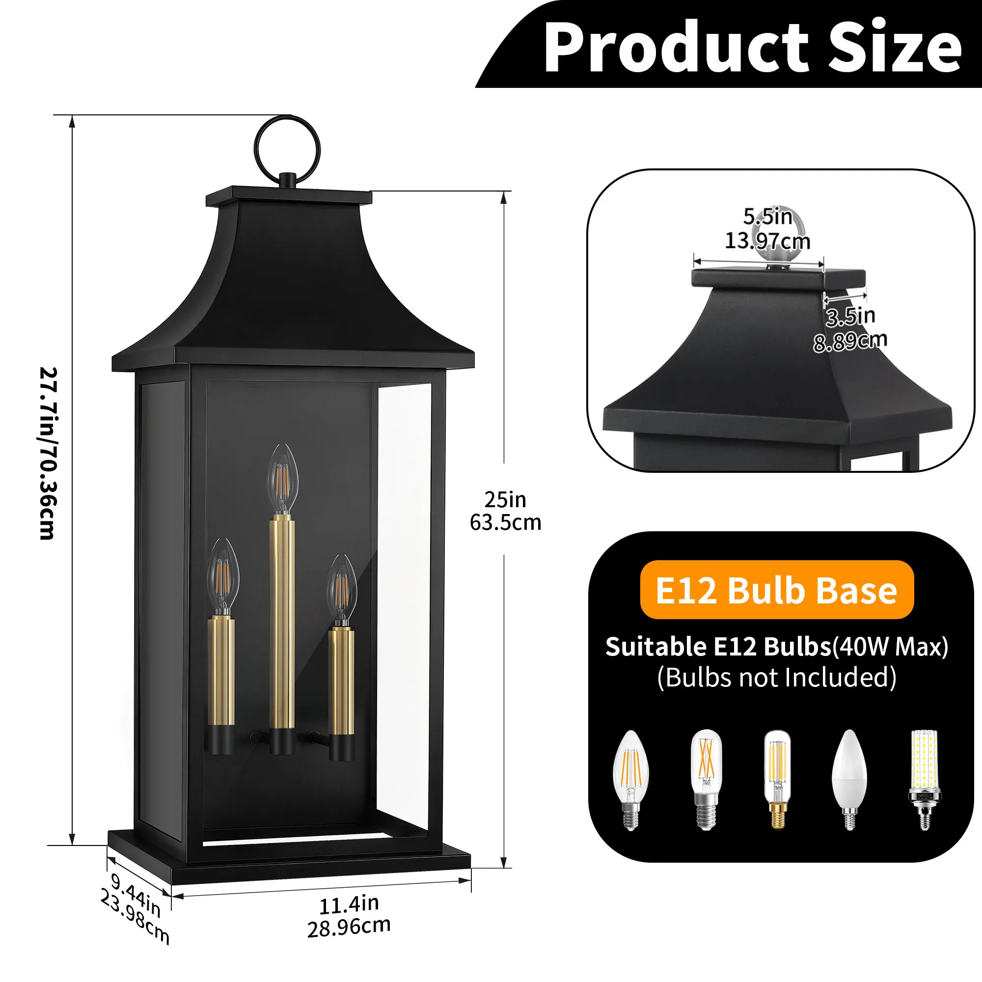Matte Black 3-Light Clear Glass Outdoor Wall Light, 27.7 in · Dusk-to-Dawn, image 7 of 9
