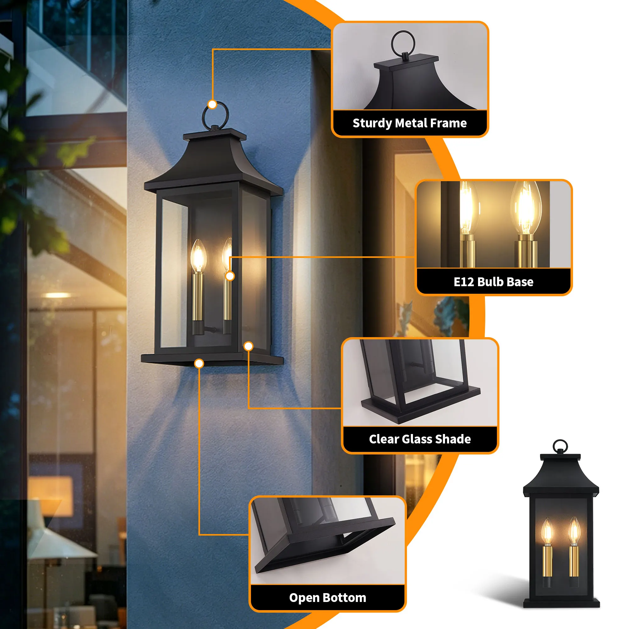 Matte Black 2-Light Clear Glass Outdoor Wall Light, 21.49 in (2-Pack), image 6 of 10