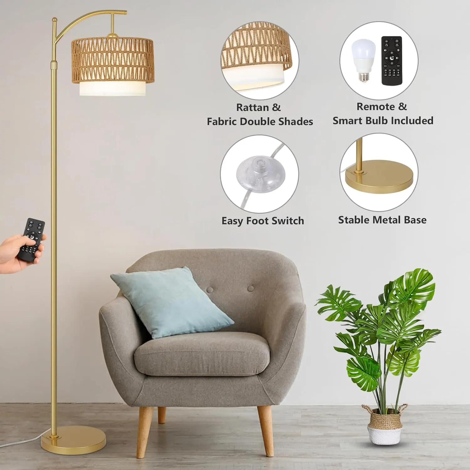 Modern Gold Fabric Floor Lamp, 72.8 in · Dimmable, image 4 of 8