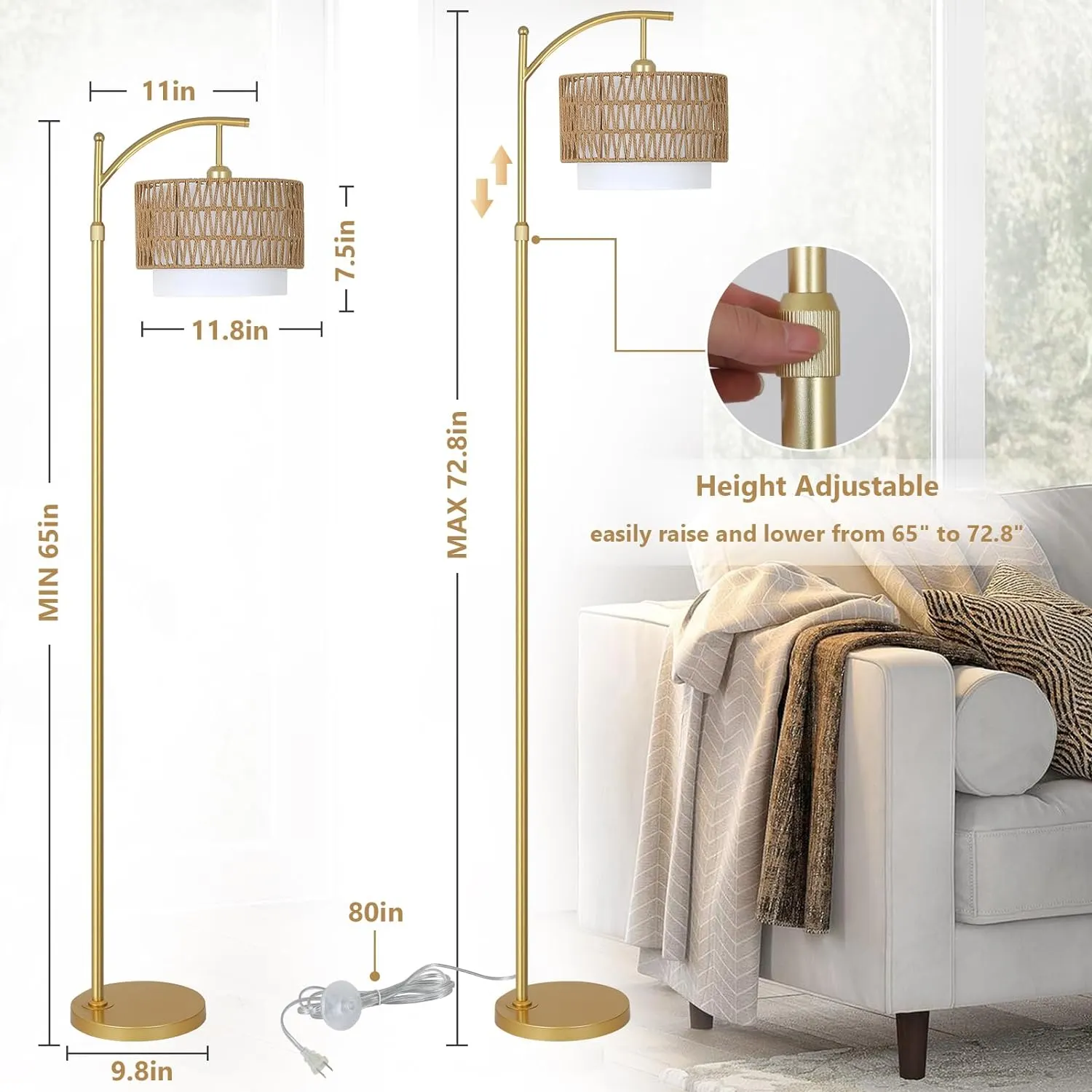 Modern Gold Fabric Floor Lamp, 72.8 in · Dimmable, image 5 of 8