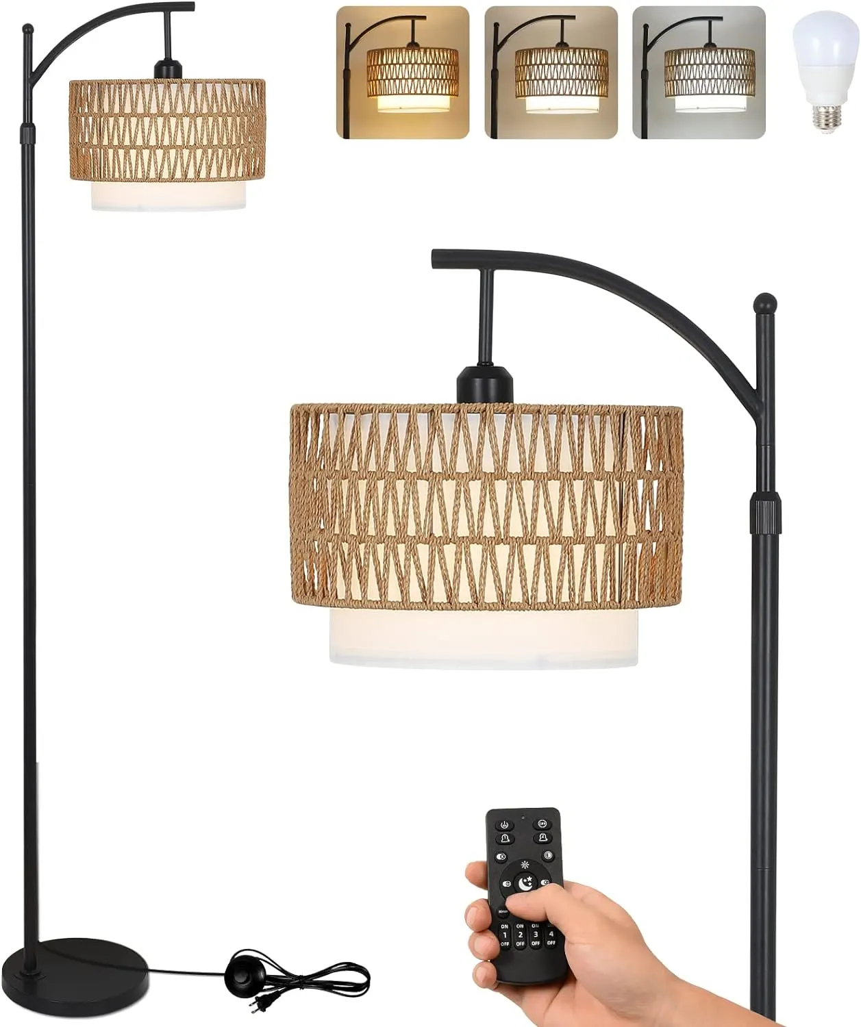 Boho Rattan Fabric Floor Lamp, 72.8 in · Dimmable, image 8 of 9