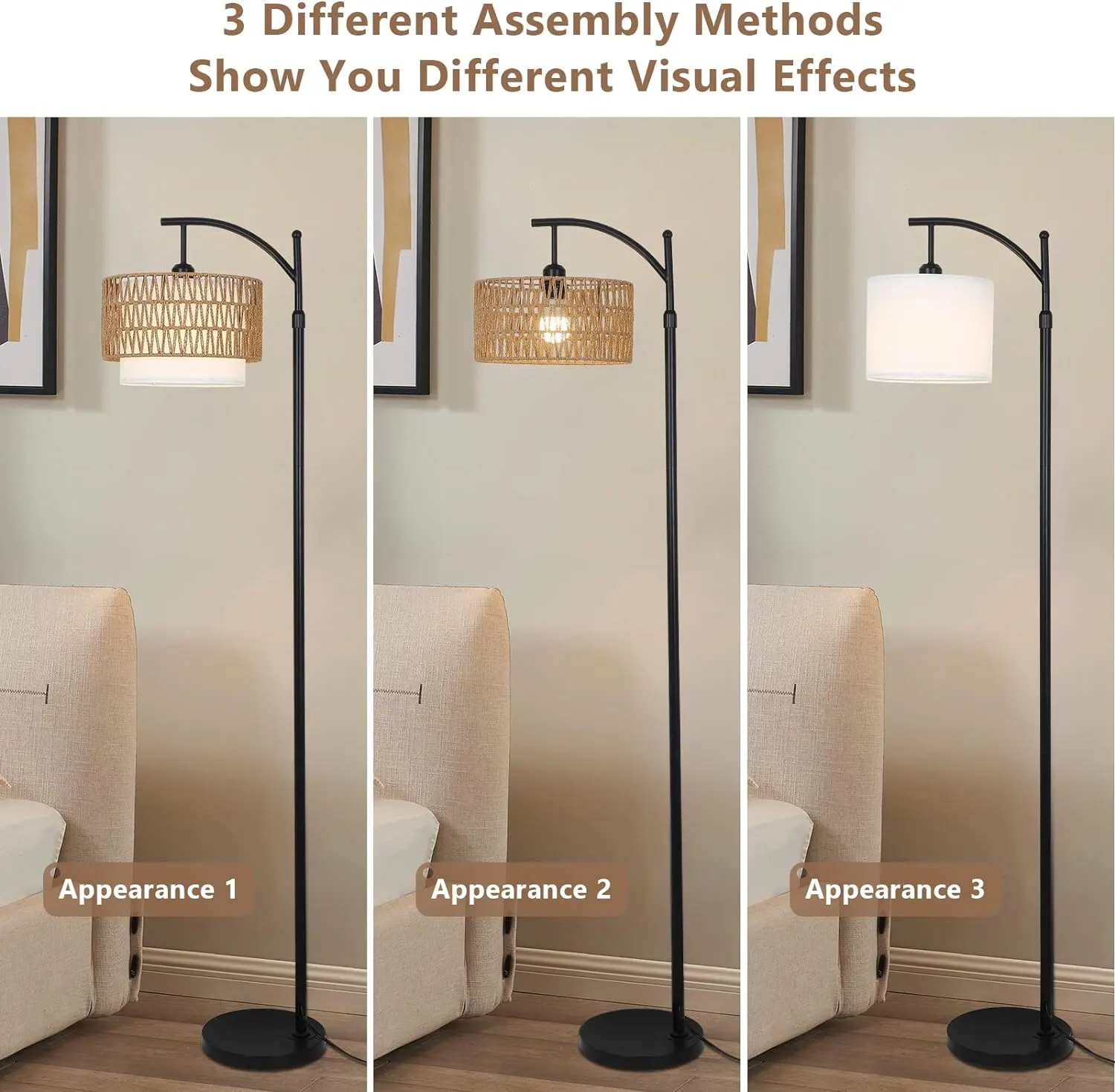 Boho Rattan Fabric Floor Lamp, 72.8 in · Dimmable, image 2 of 9