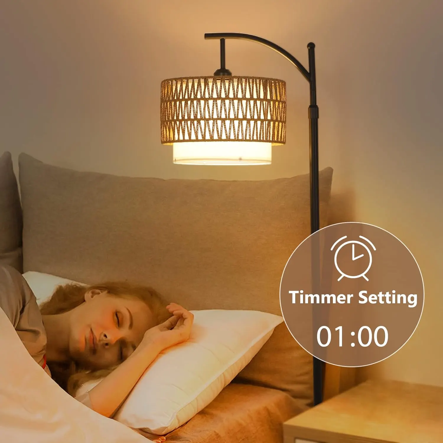 Boho Rattan Fabric Floor Lamp, 72.8 in · Dimmable, image 4 of 9