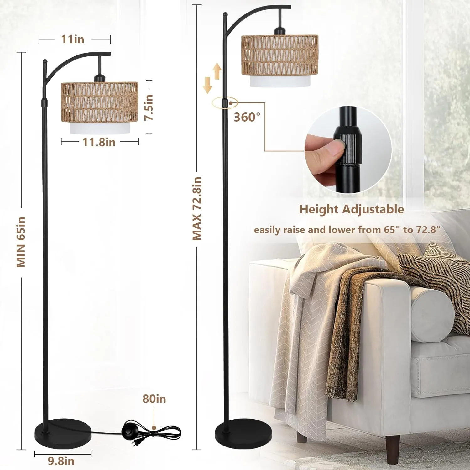 Boho Rattan Fabric Floor Lamp, 72.8 in · Dimmable, image 5 of 9