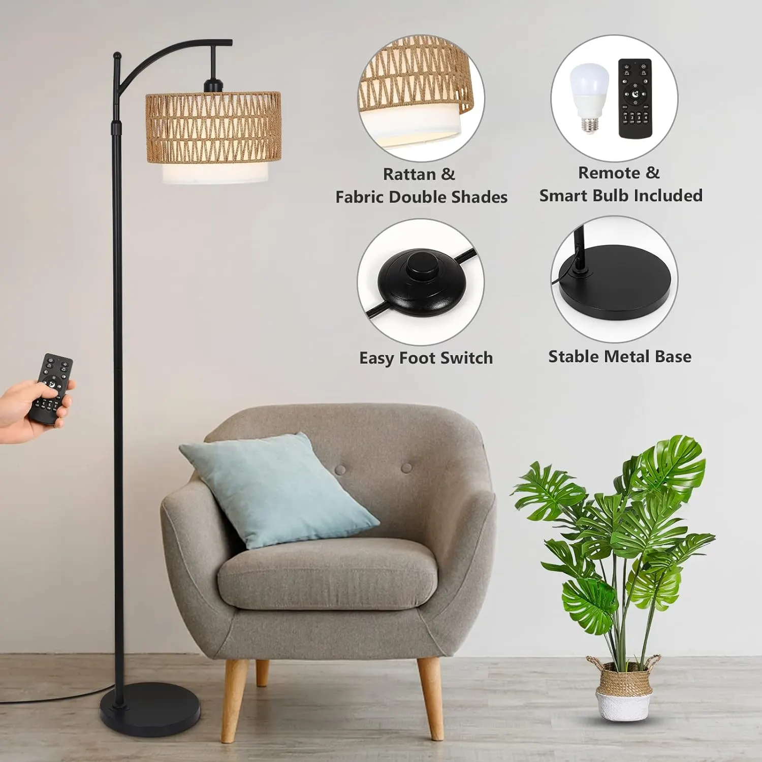 Boho Rattan Fabric Floor Lamp, 72.8 in · Dimmable, image 6 of 9