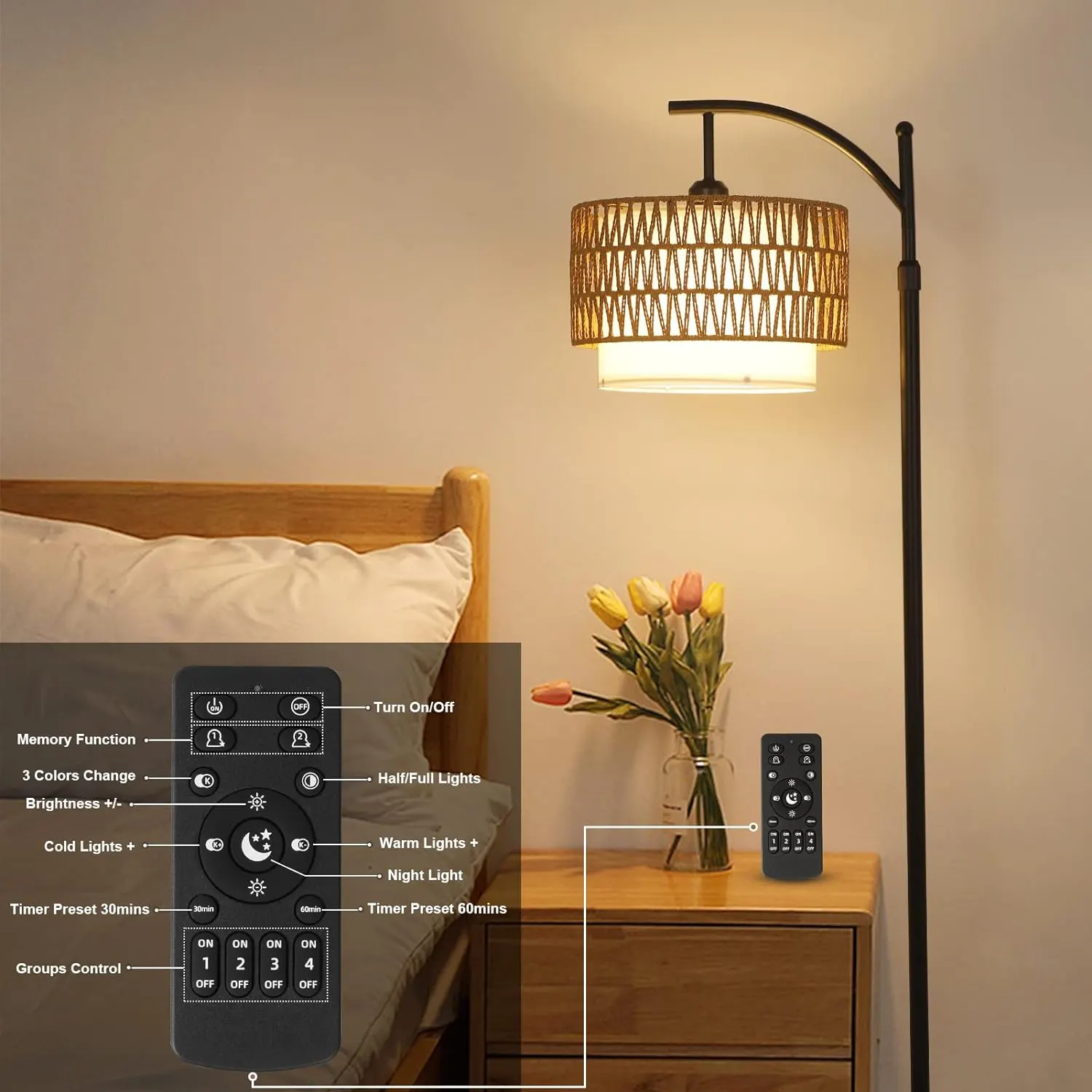 Boho Rattan Fabric Floor Lamp, 72.8 in · Dimmable, image 7 of 9