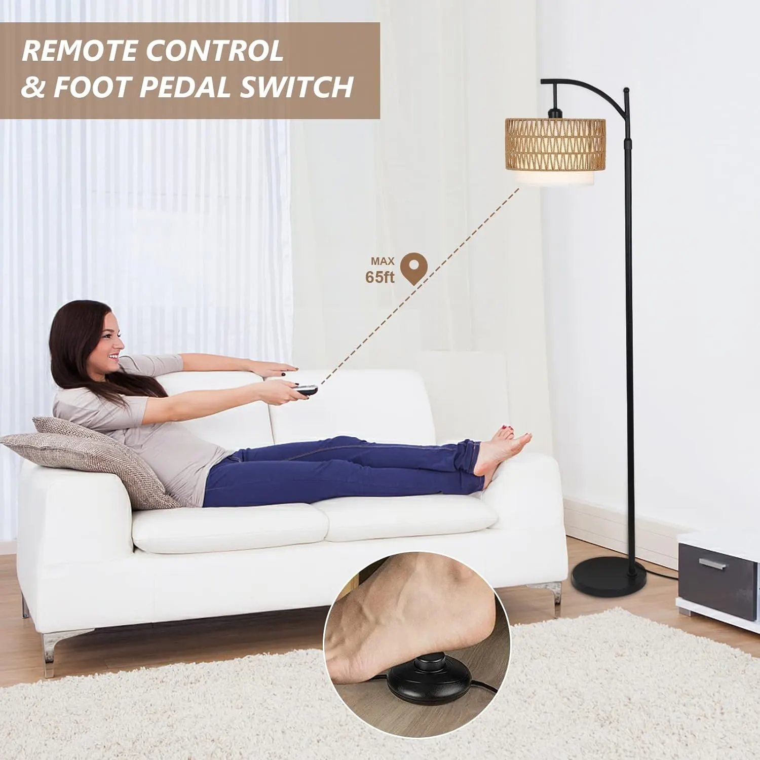Boho Rattan Fabric Floor Lamp, 72.8 in · Dimmable, image 9 of 9
