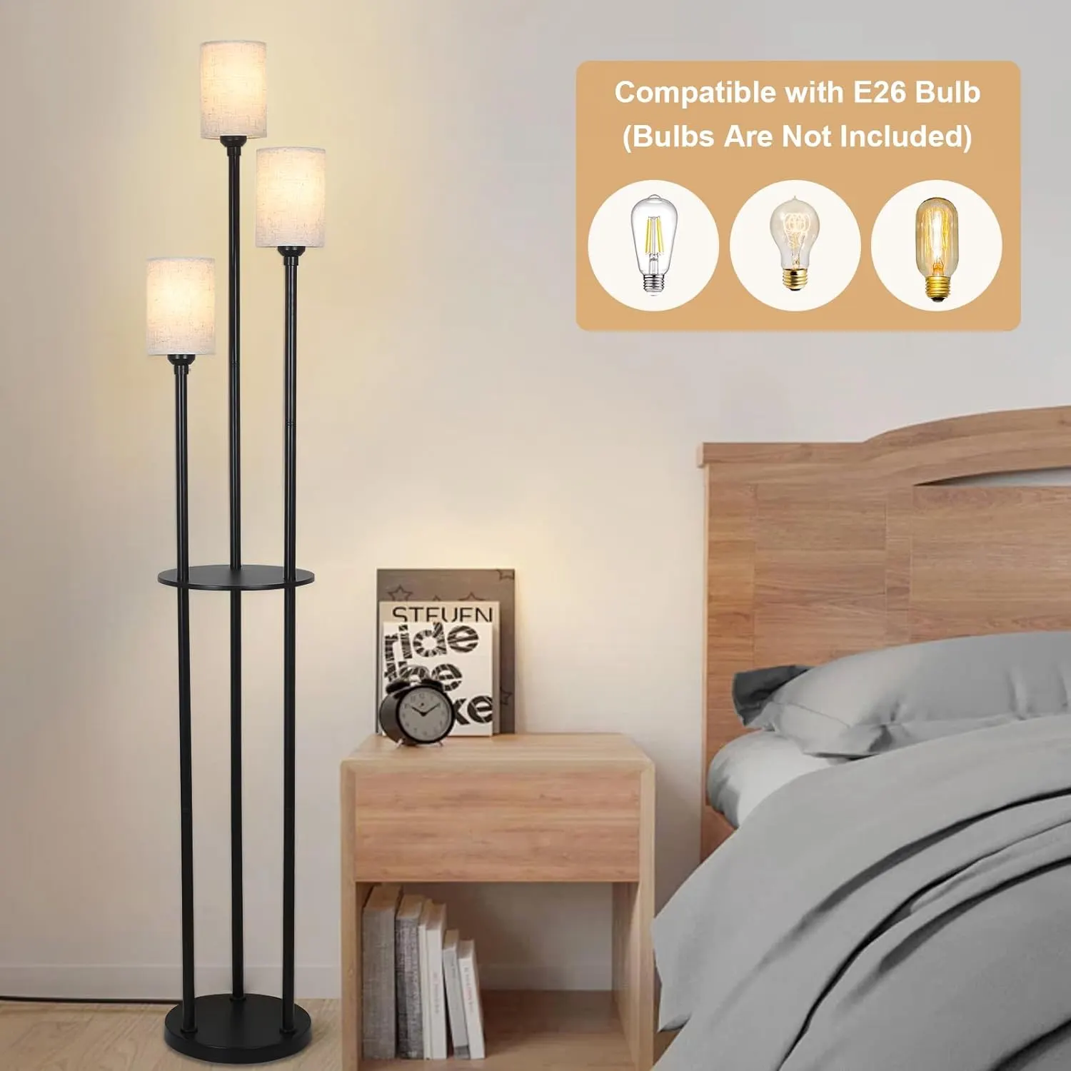 Modern Black 3-Light Linen Floor Lamp, image 2 of 7