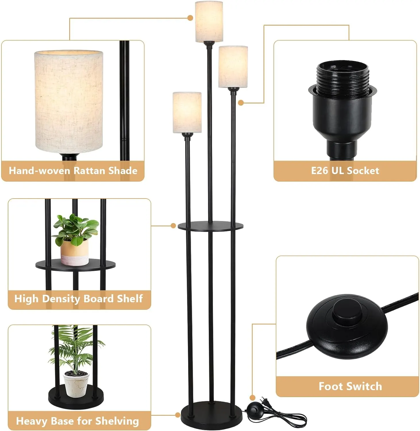 Modern Black 3-Light Linen Floor Lamp, image 6 of 7