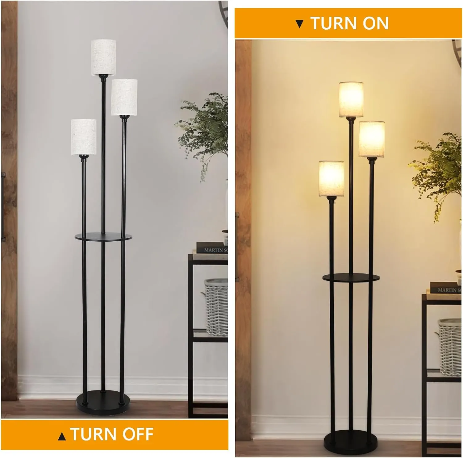 Modern Black 3-Light Linen Floor Lamp, image 3 of 7