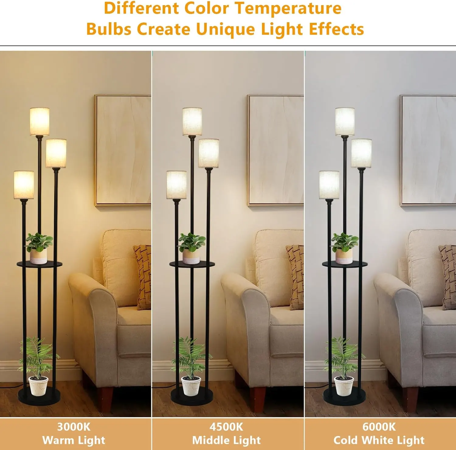 Modern Black 3-Light Linen Floor Lamp, image 4 of 7