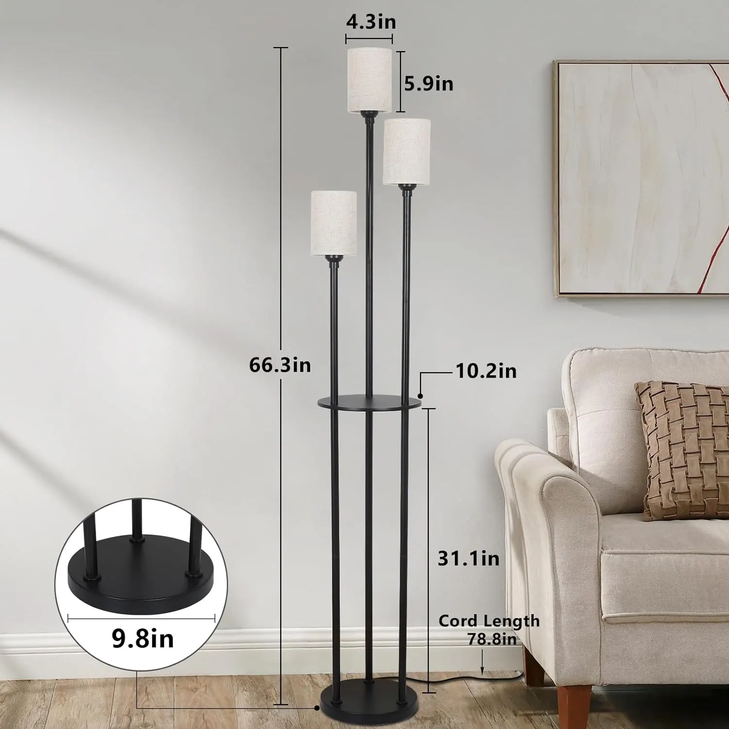 Modern Black 3-Light Linen Floor Lamp, image 7 of 7