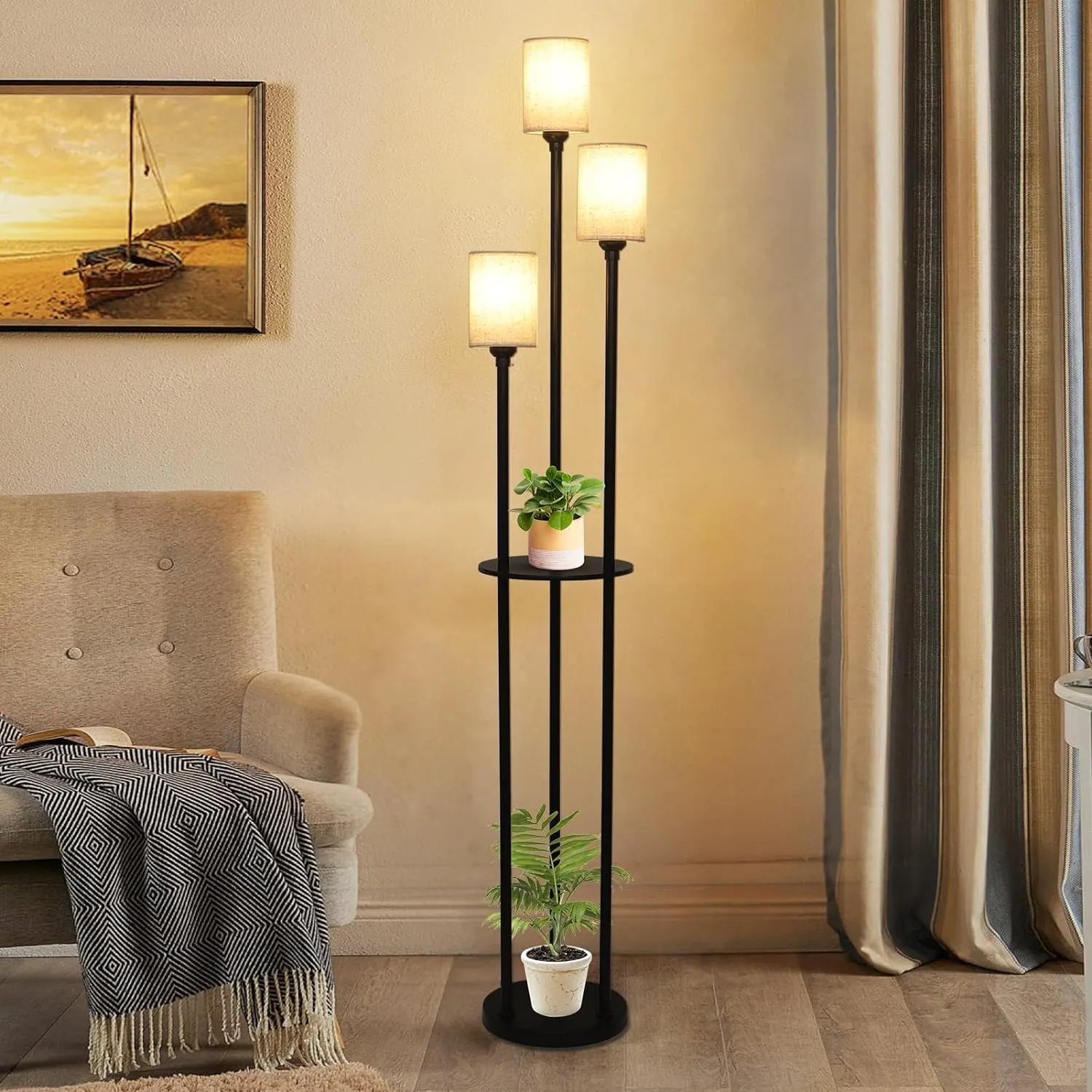 Modern Black 3-Light Linen Floor Lamp