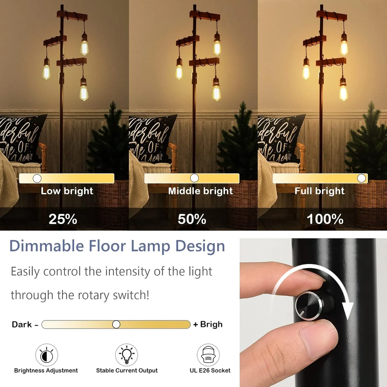 Vintage Black 3-Light Floor Lamp, 68 in · Dimmable, image 3 of 5