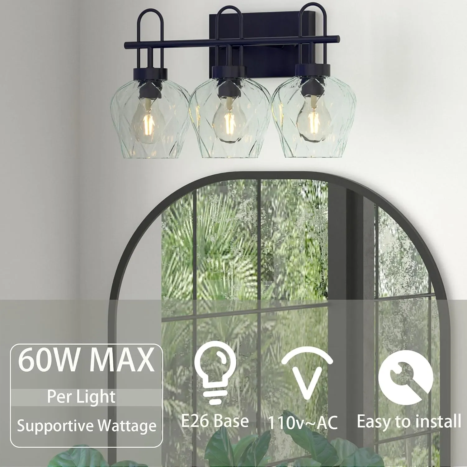 Vintage Black 3-Light Clear Glass Vanity Light, 18.1 in, image 3 of 5