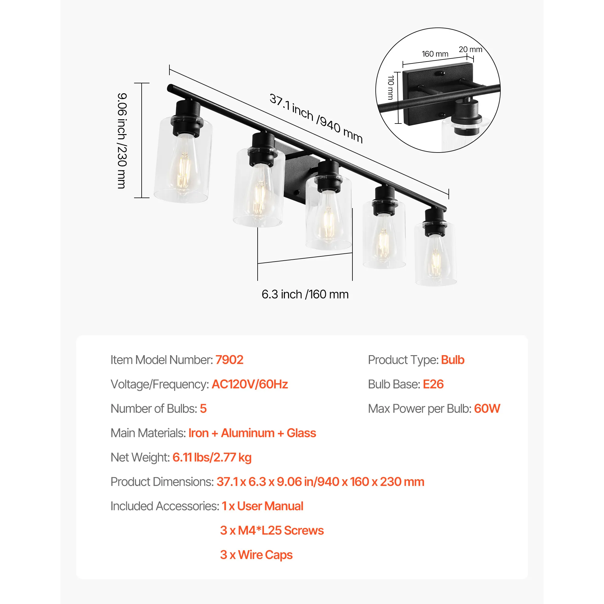 Modern 5-Light Glass Vanity Light, 37.1 in, image 4 of 6