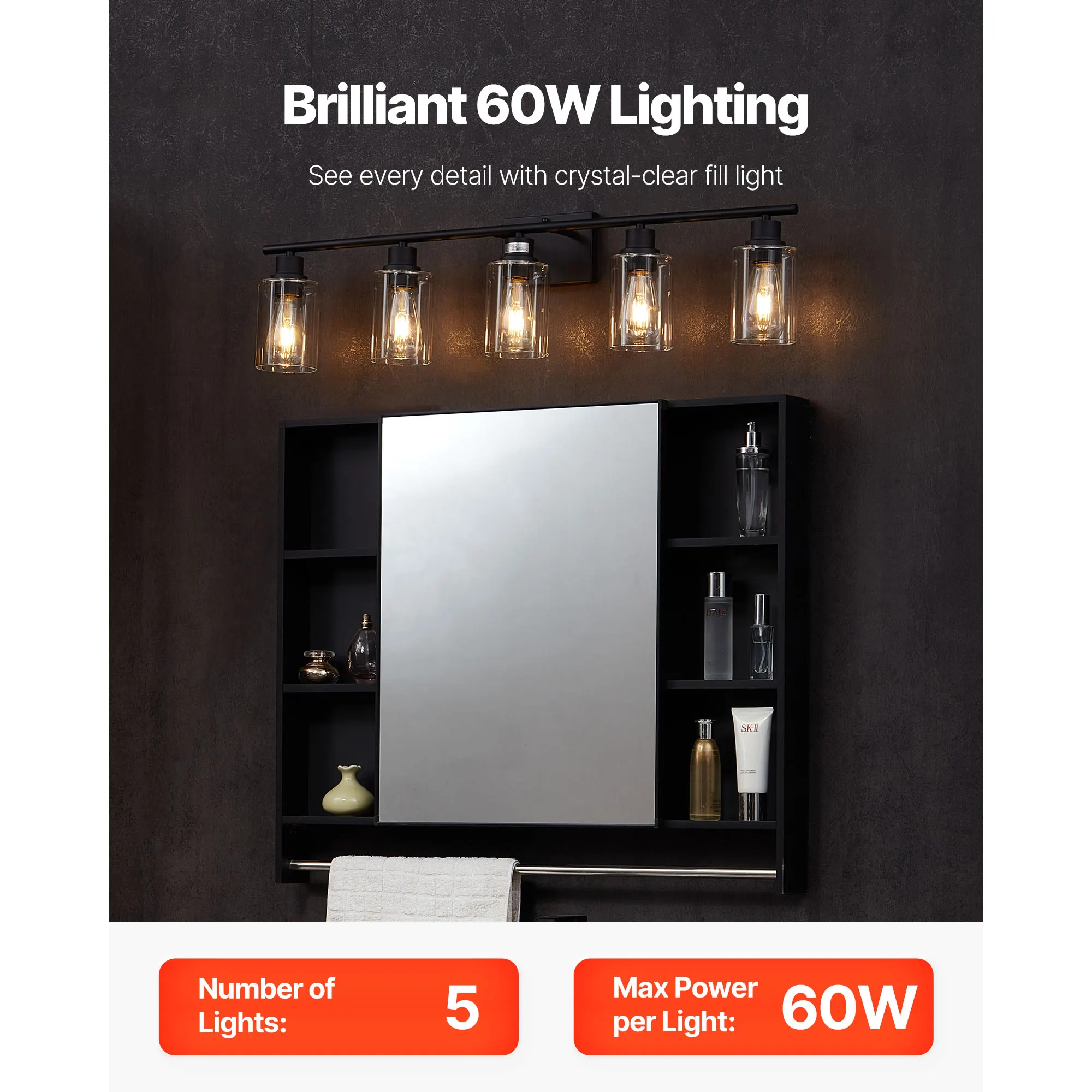 Modern 5-Light Glass Vanity Light, 37.1 in, image 2 of 6
