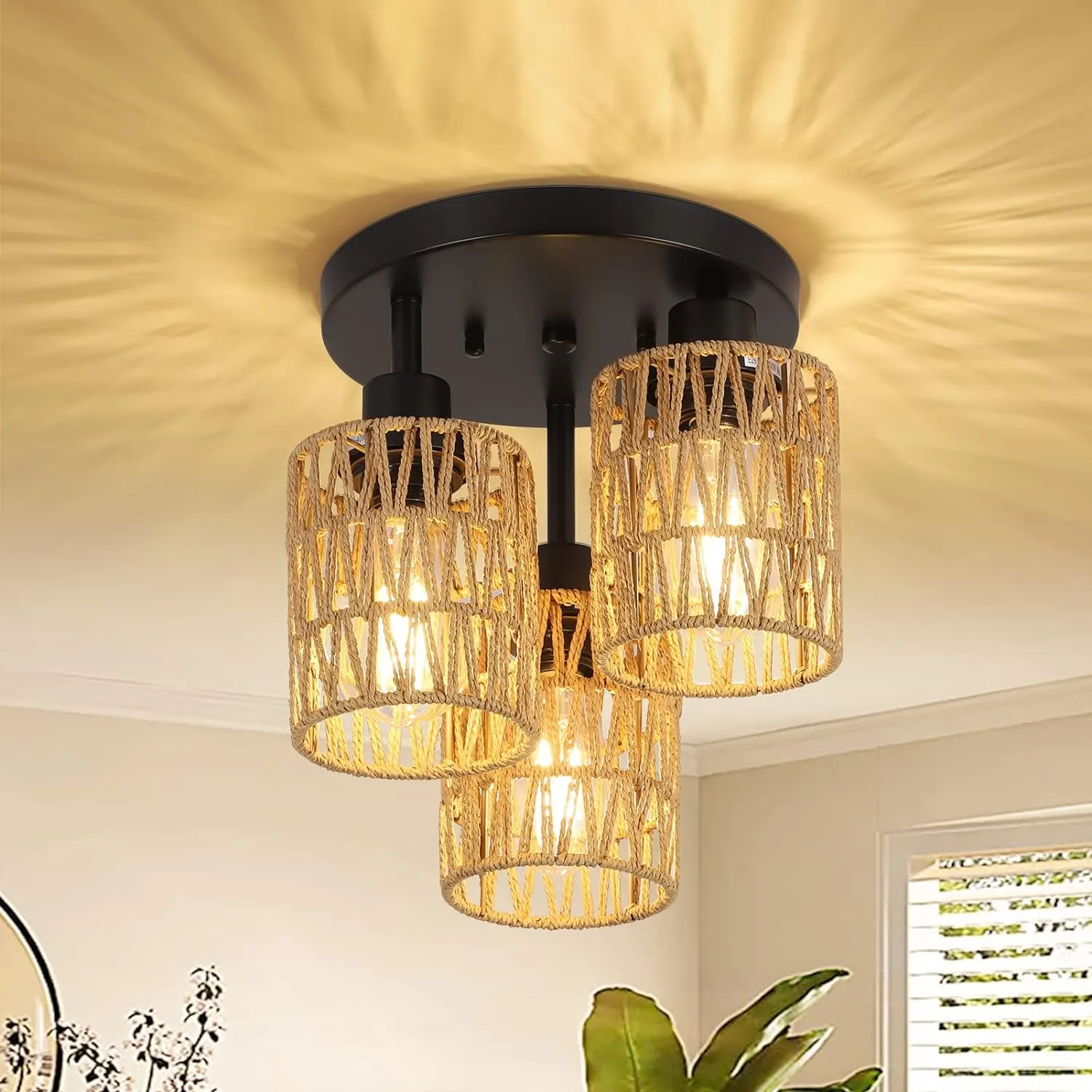 Farmhouse Rattan 3-Light Chandelier, image 2 of 7