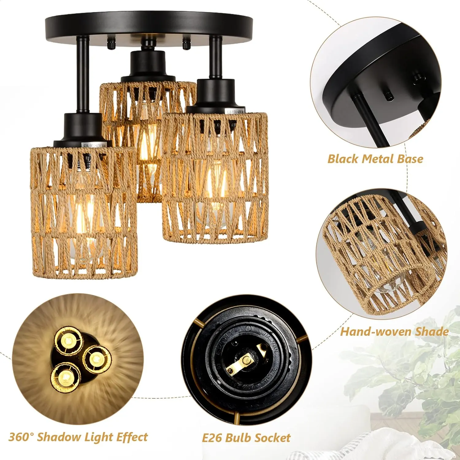 Farmhouse Rattan 3-Light Chandelier, image 5 of 7