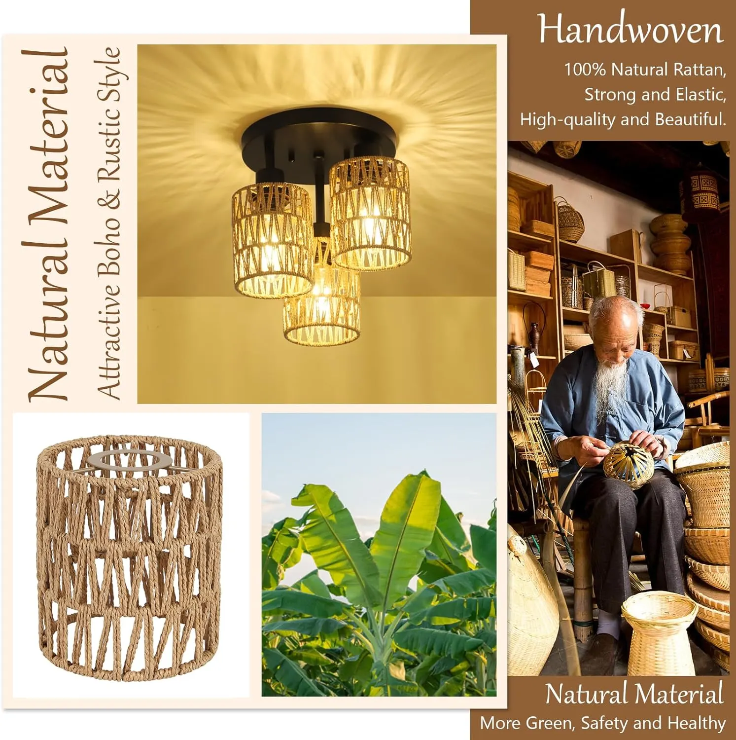 Farmhouse Rattan 3-Light Chandelier, image 7 of 7