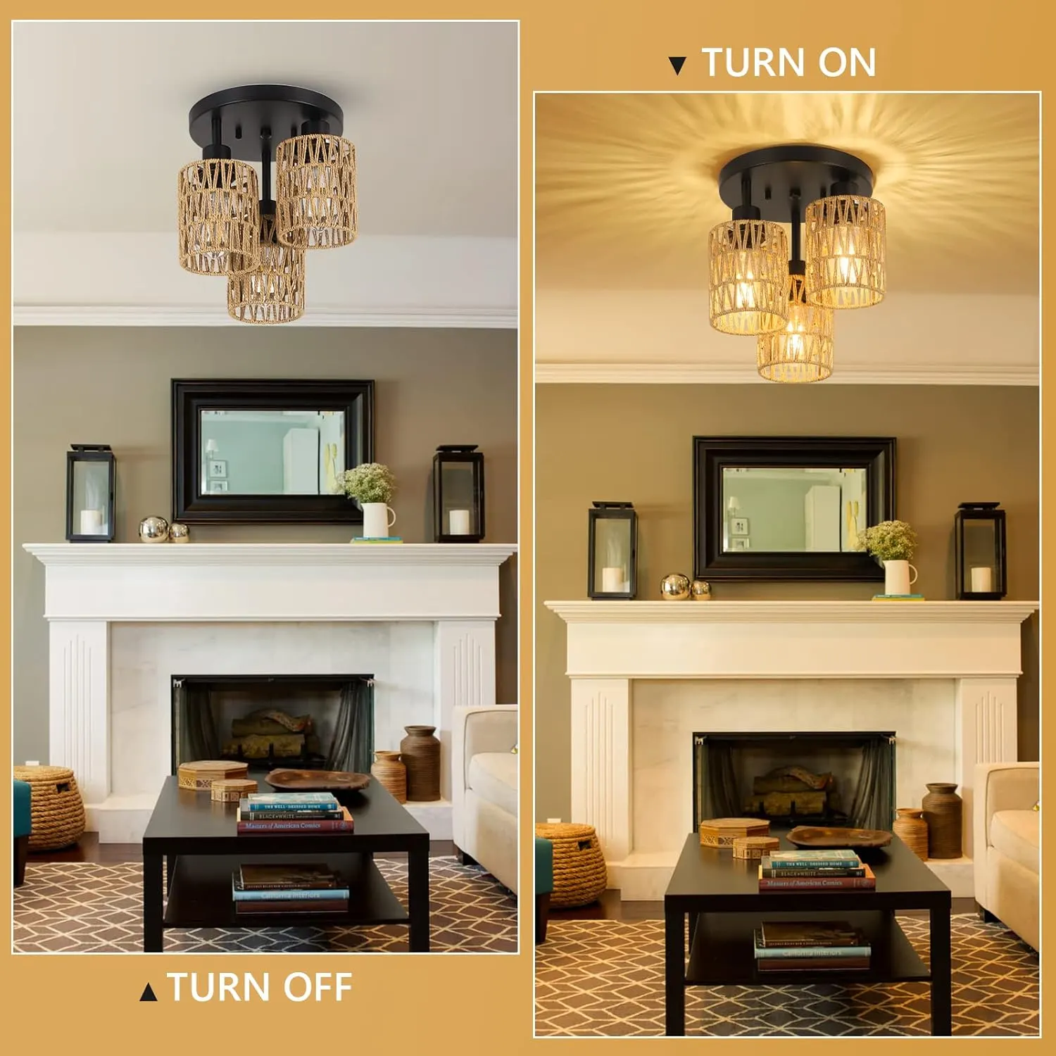 Farmhouse Rattan 3-Light Chandelier, image 3 of 7