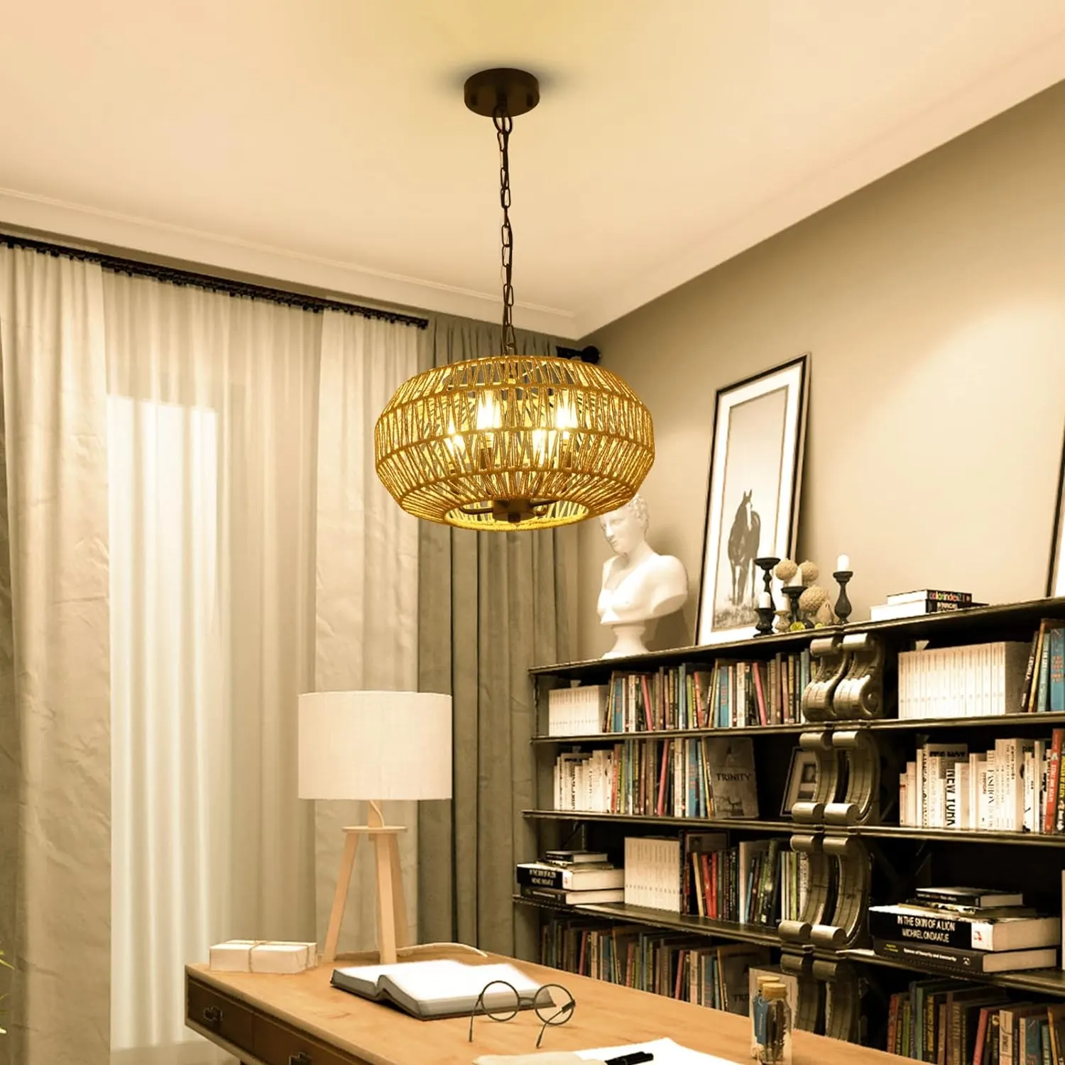 Farmhouse Rattan 4-Light Pendant Light, 15.7 in, image 2 of 6