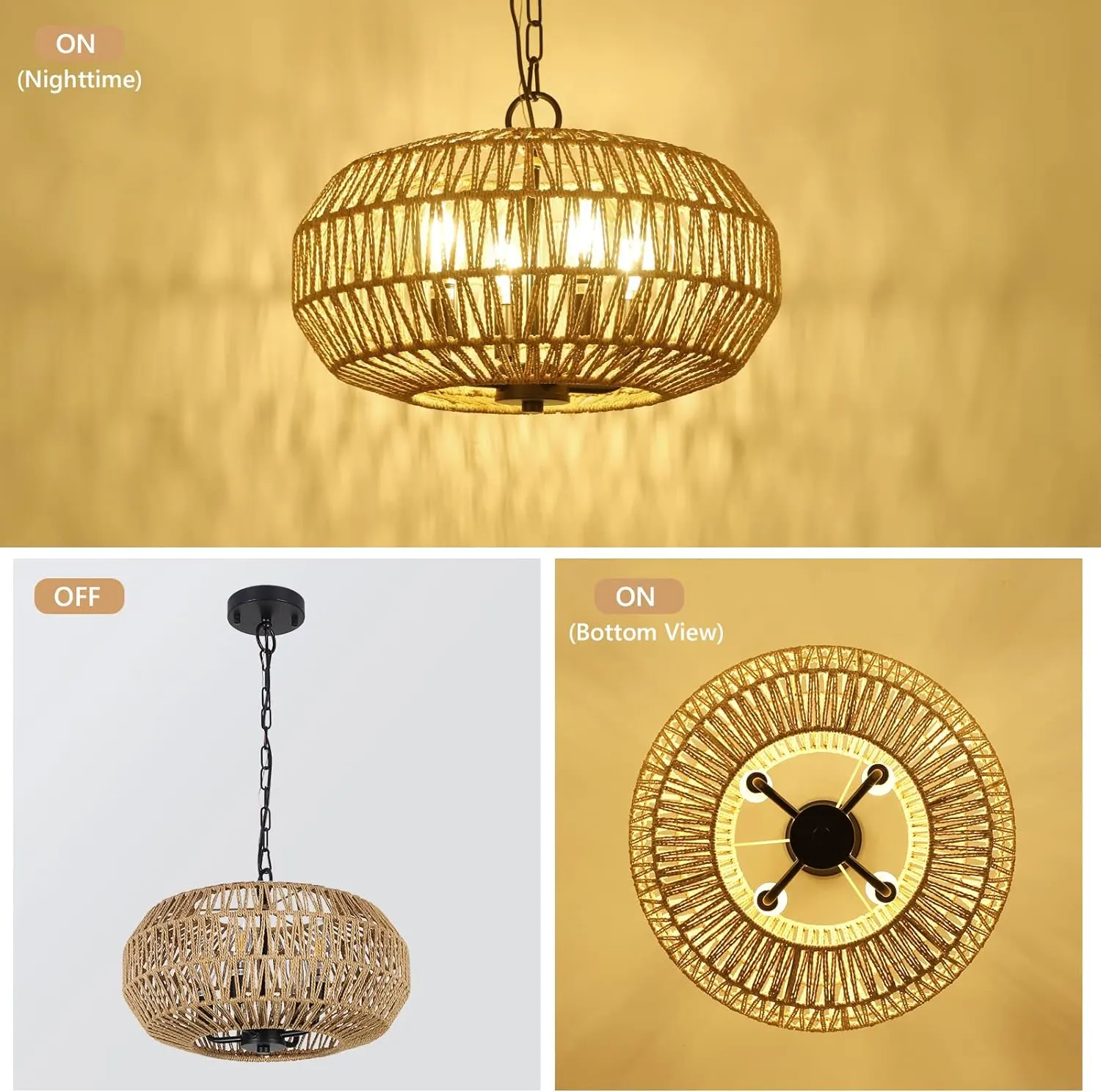 Farmhouse Rattan 4-Light Pendant Light, 15.7 in, image 3 of 6
