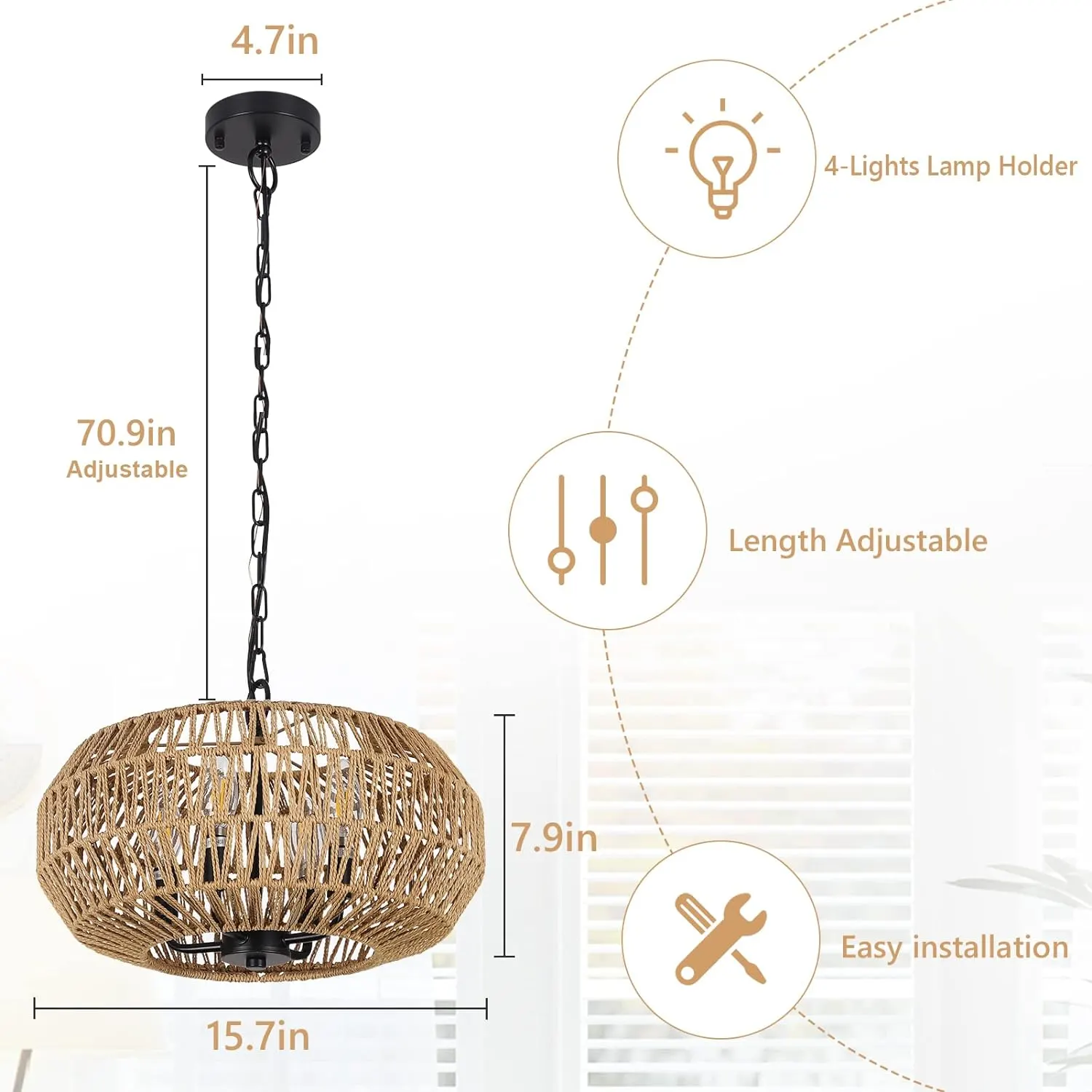 Farmhouse Rattan 4-Light Pendant Light, 15.7 in, image 4 of 6