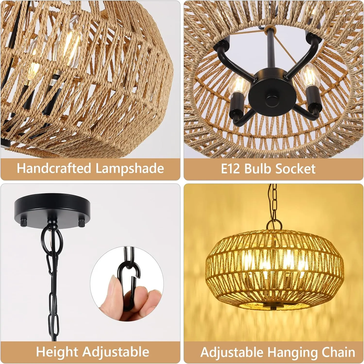 Farmhouse Rattan 4-Light Pendant Light, 15.7 in, image 6 of 6
