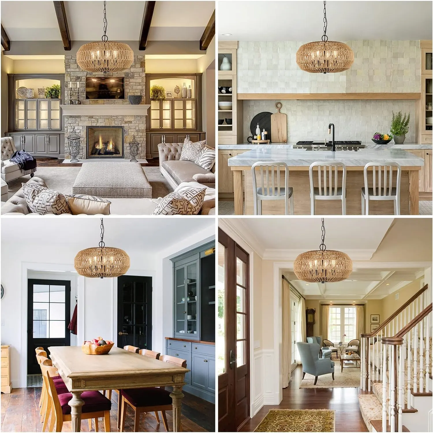 Farmhouse Rattan 4-Light Pendant Light, 15.7 in, image 5 of 6