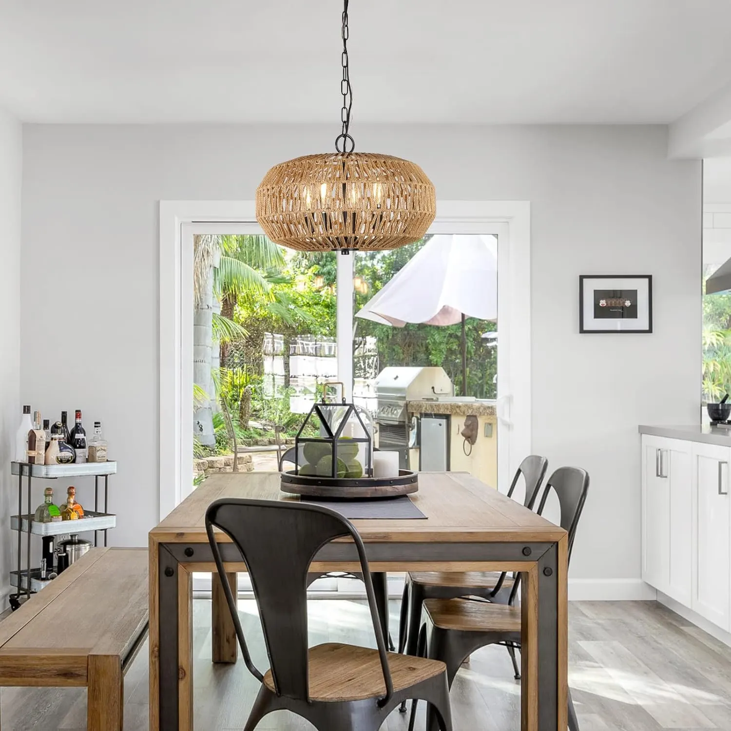 Farmhouse Rattan 4-Light Pendant Light, 15.7 in