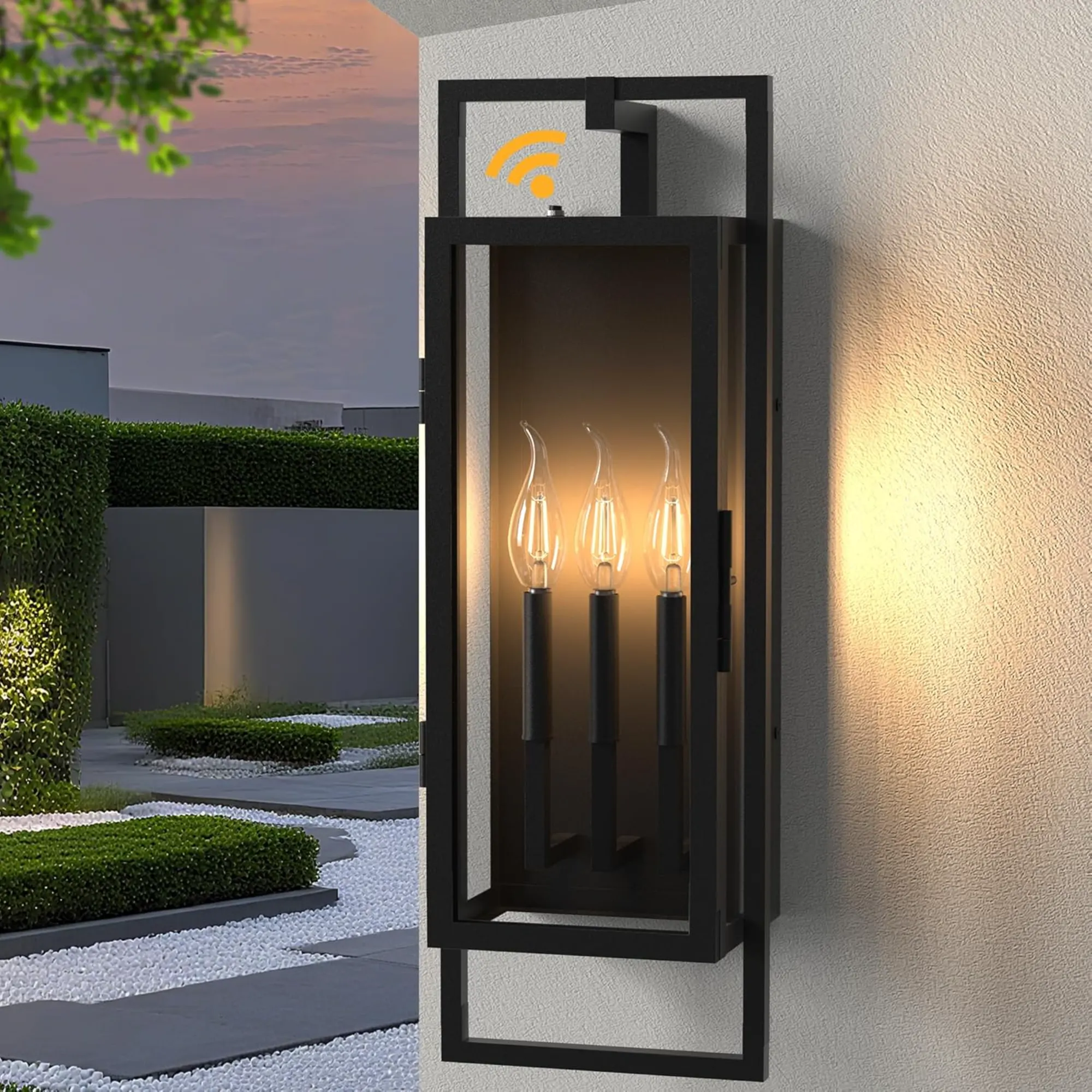 Black 3-Light Glass Outdoor Wall Light, 25 in · Dusk-to-Dawn
