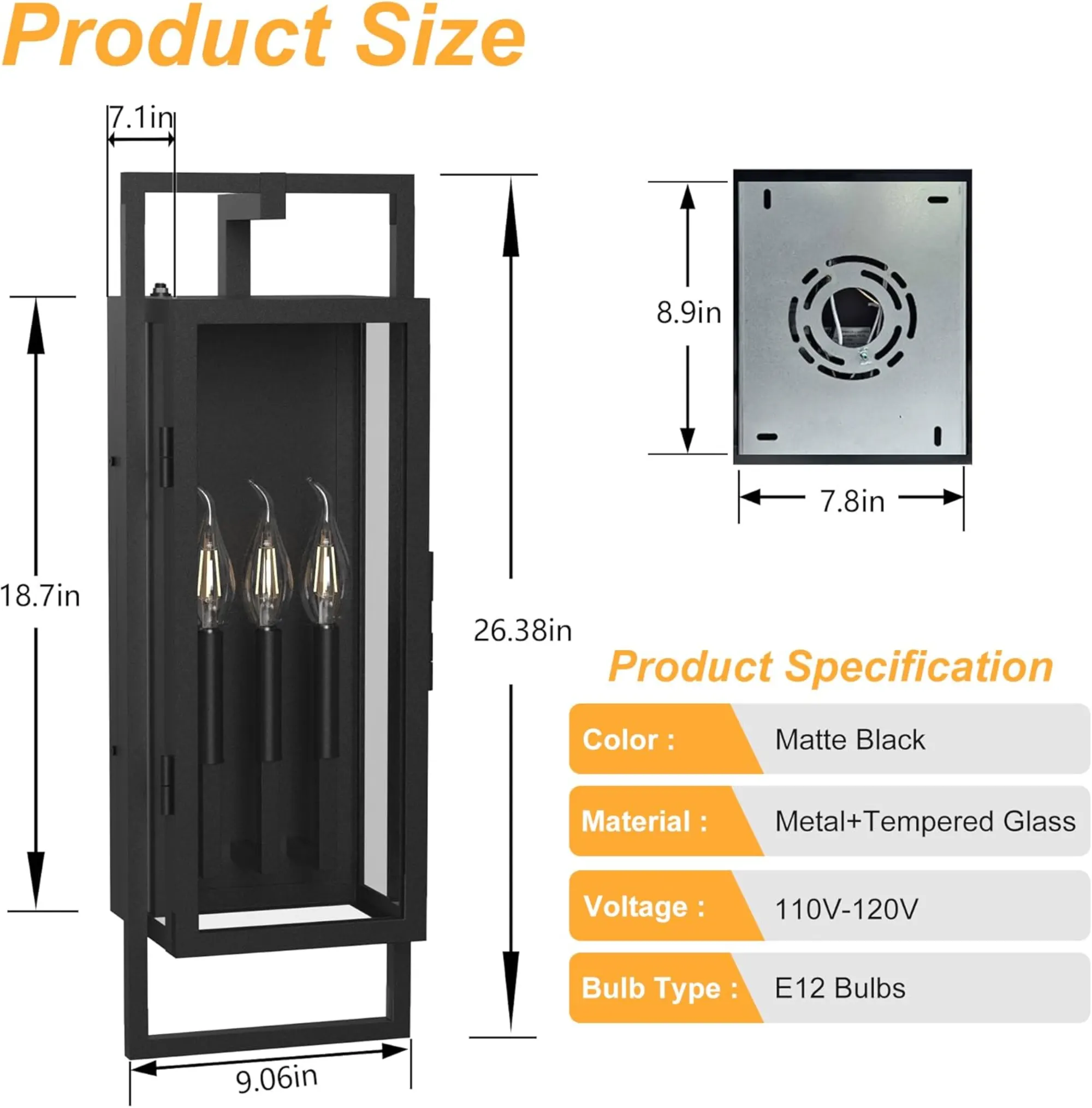Black 3-Light Glass Outdoor Wall Light, 25 in · Dusk-to-Dawn, image 8 of 8