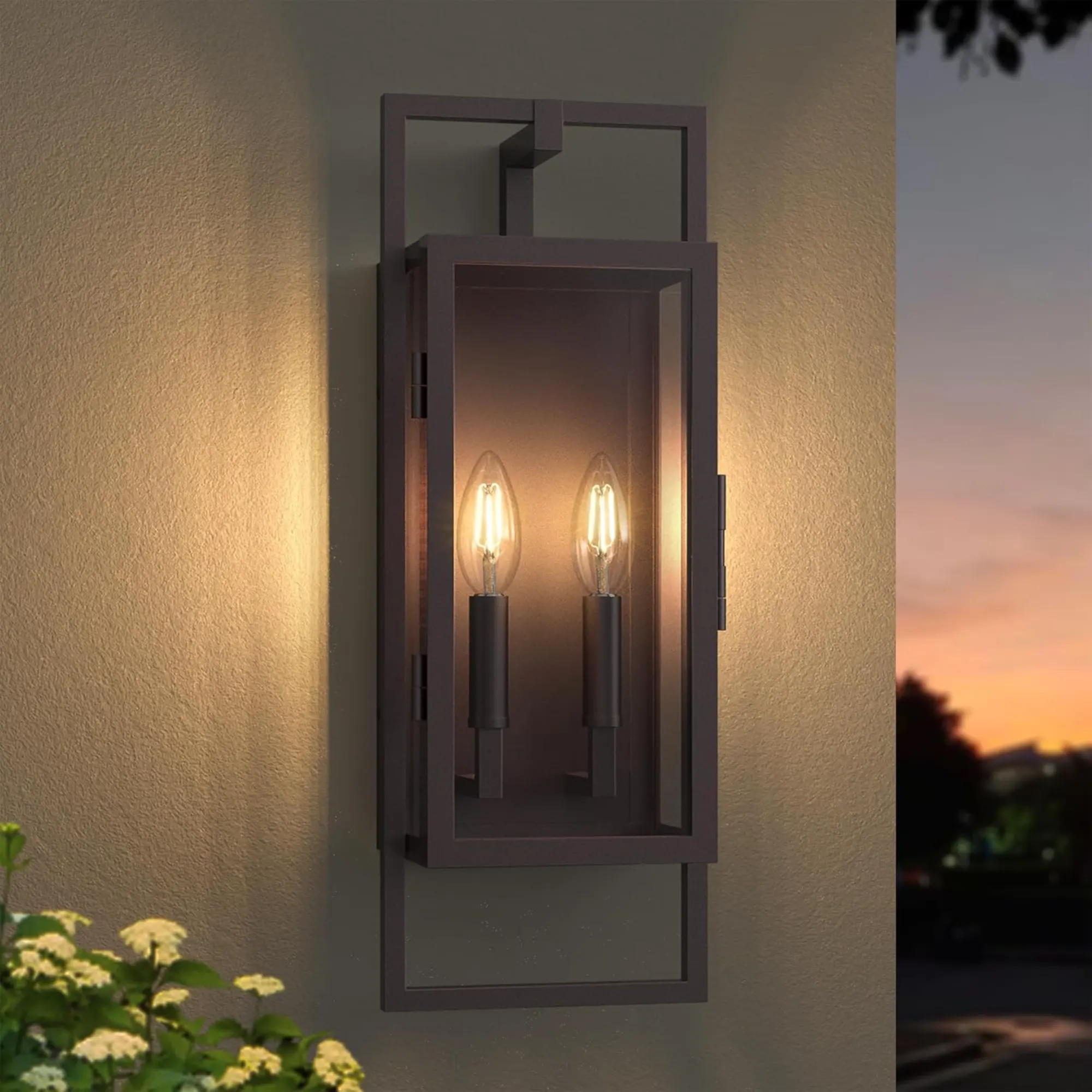 Modern Oil Rubbed Bronze 2-Light Clear Glass Outdoor Wall Light, 21.5 in · Dusk-to-Dawn