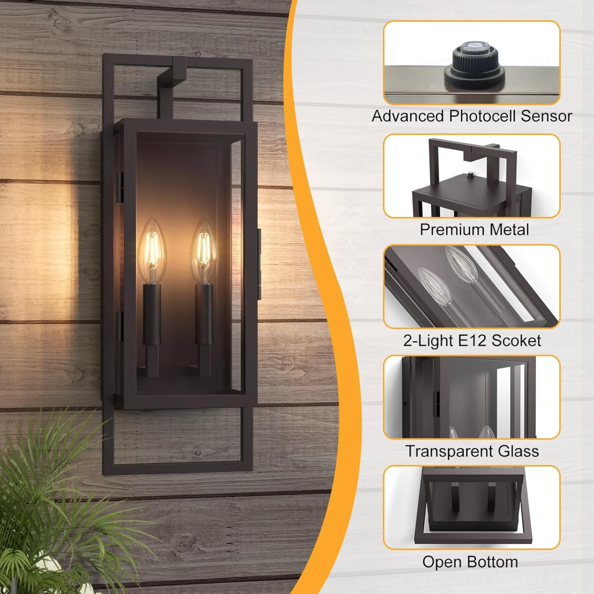 Modern Oil Rubbed Bronze 2-Light Clear Glass Outdoor Wall Light, 21.5 in · Dusk-to-Dawn, image 3 of 7
