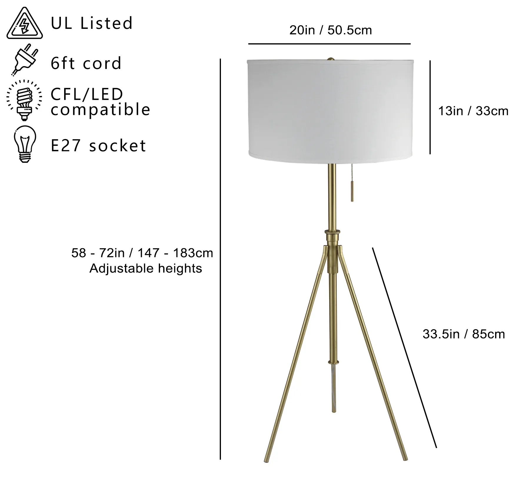 Adjustable Tripod Floor Lamp, 58 in to 72 in, image 3 of 5