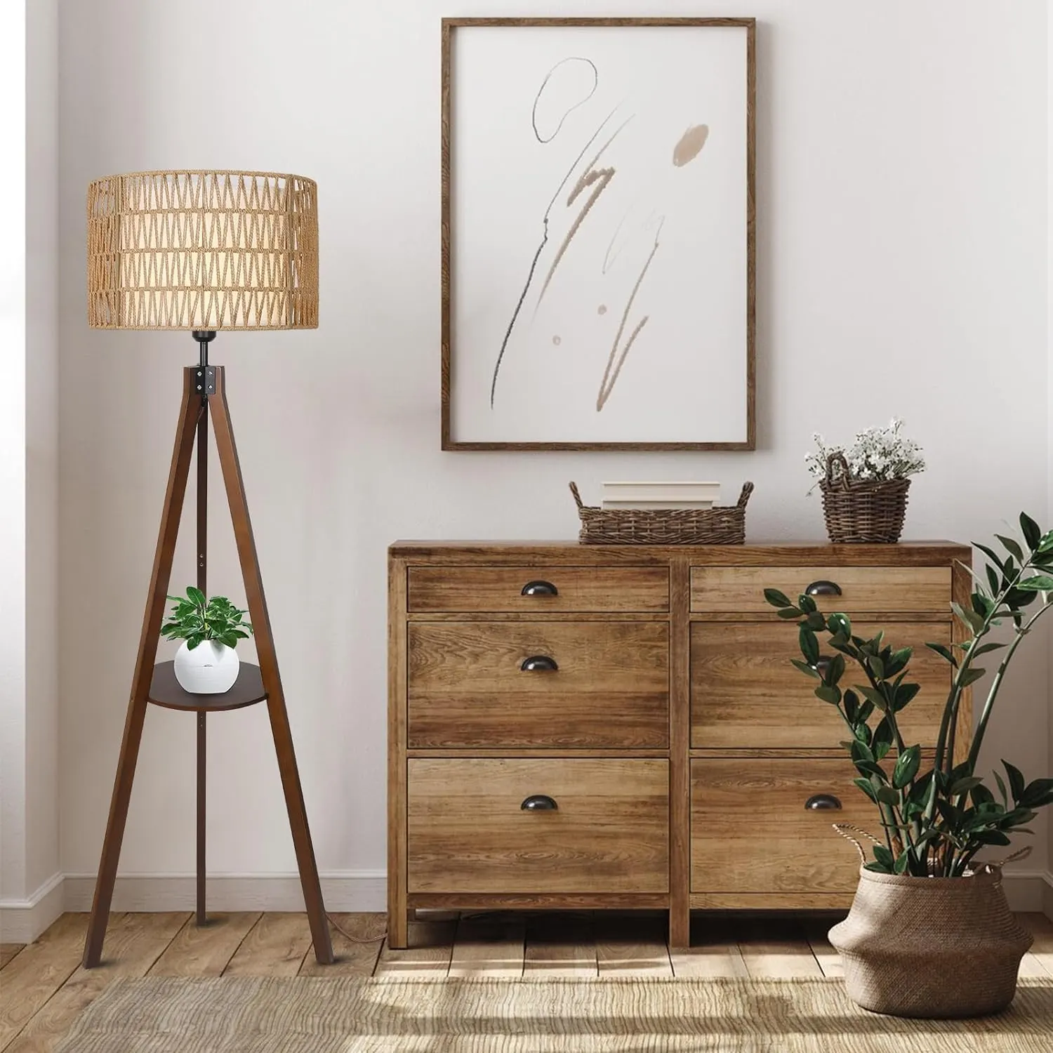Modern Farmhouse Rattan Fabric Floor Lamp
