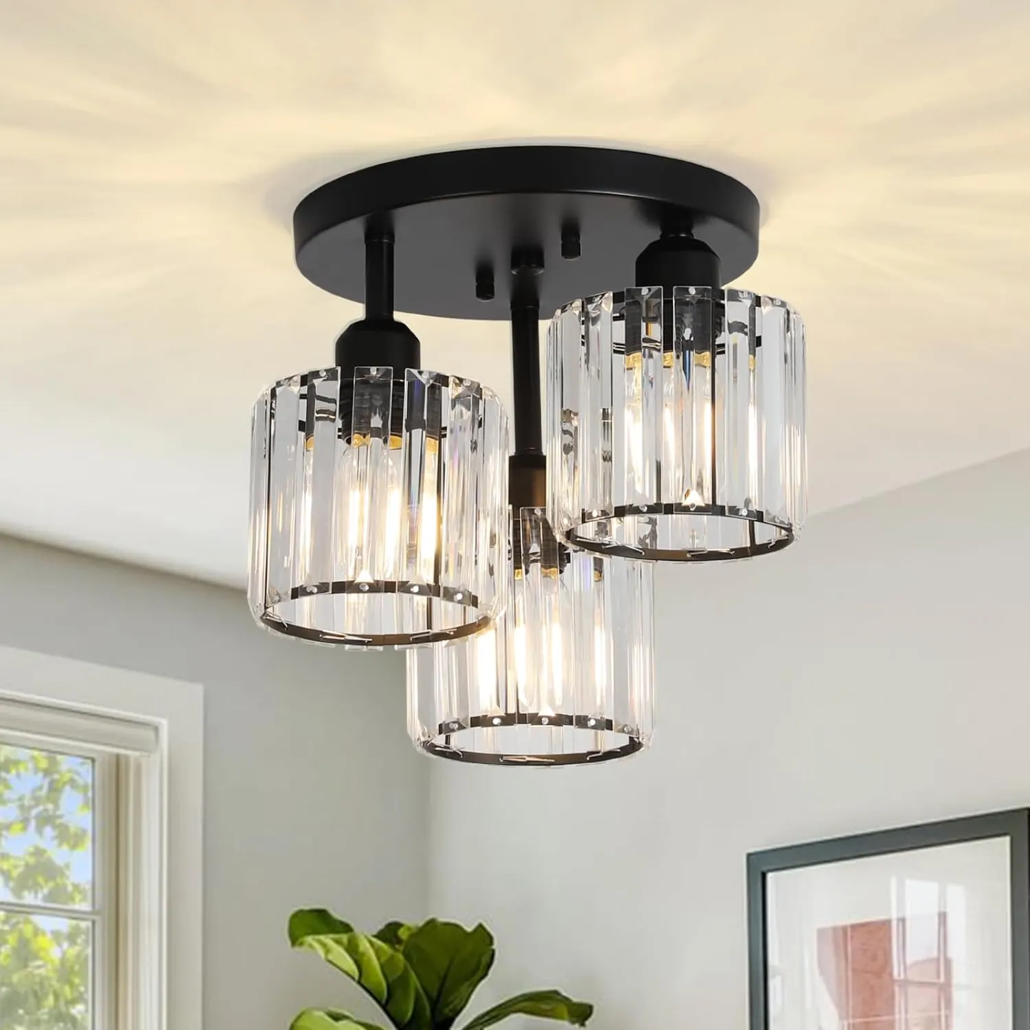 Modern Black 3-Light Crystal Semi-Flush Mount Ceiling Light, image 2 of 9