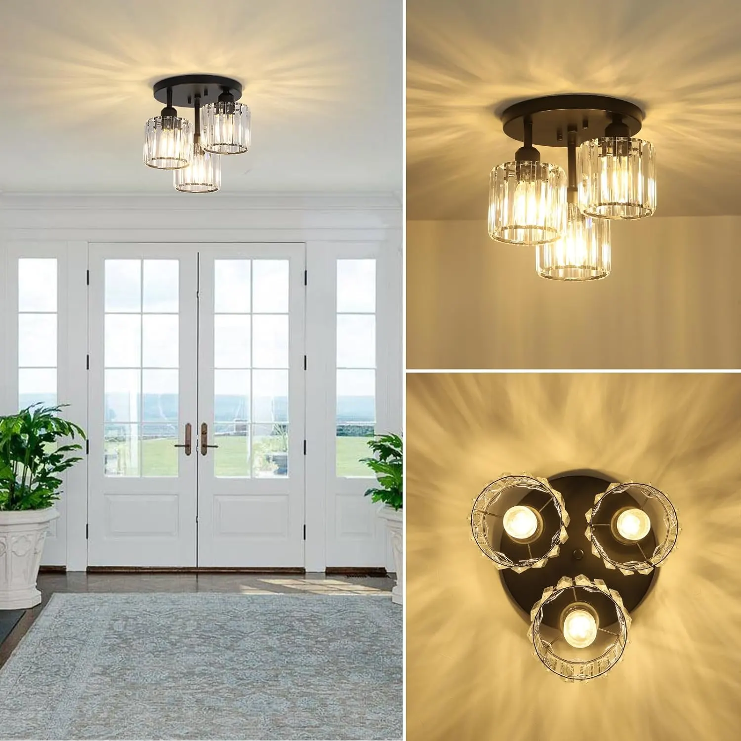 Modern Black 3-Light Crystal Semi-Flush Mount Ceiling Light, image 3 of 9