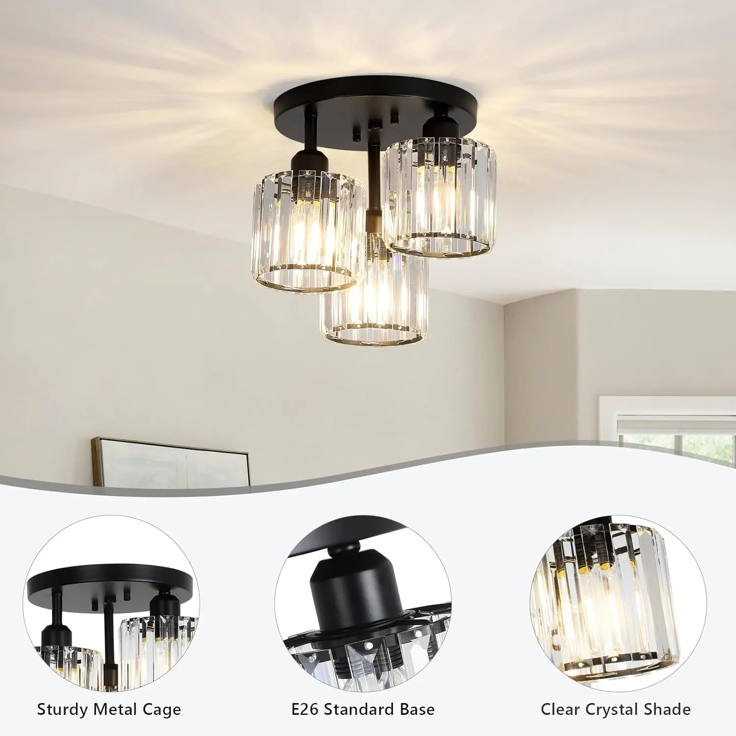 Modern Black 3-Light Crystal Semi-Flush Mount Ceiling Light, image 5 of 9