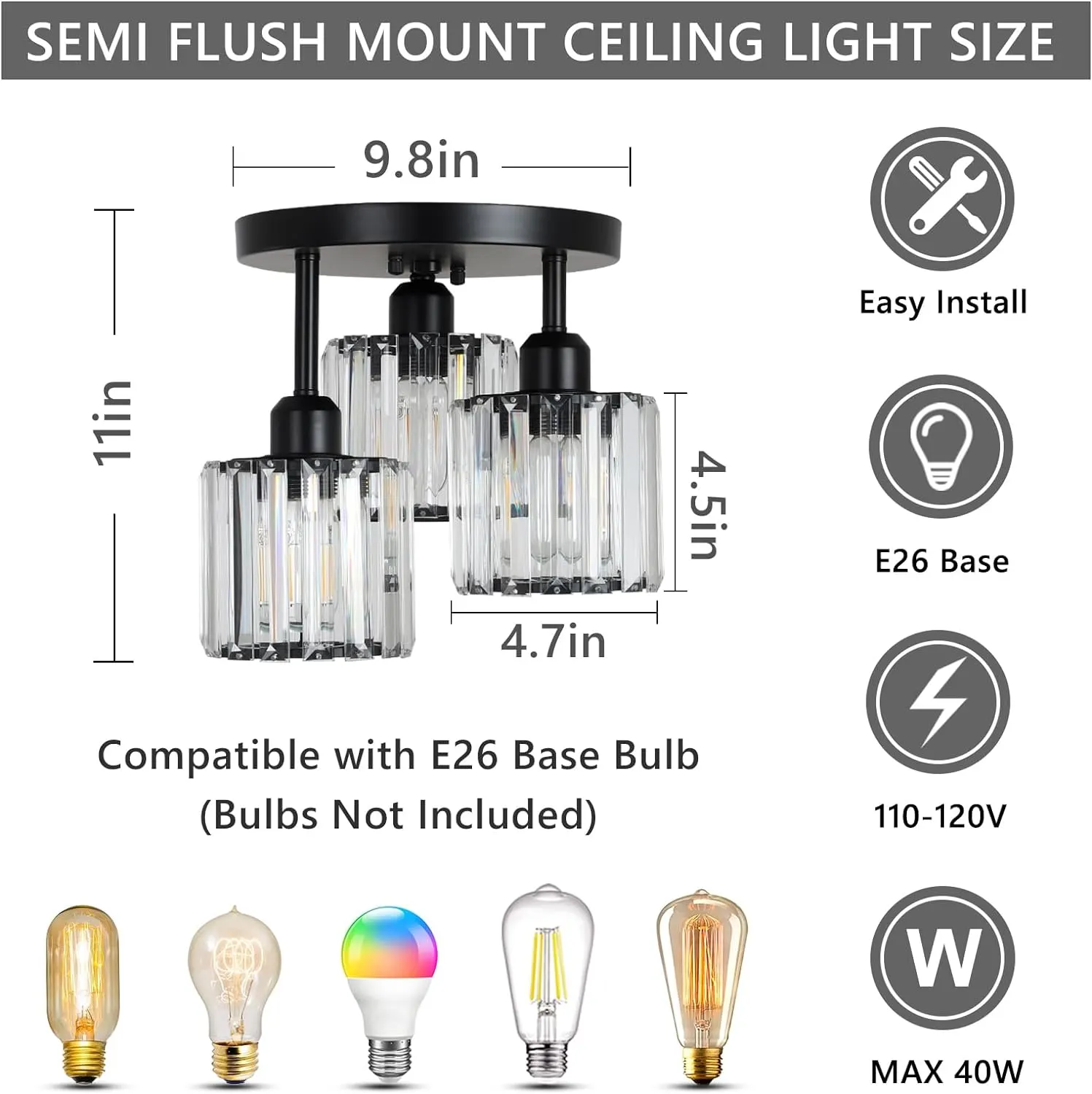 Modern Black 3-Light Crystal Semi-Flush Mount Ceiling Light, image 7 of 9