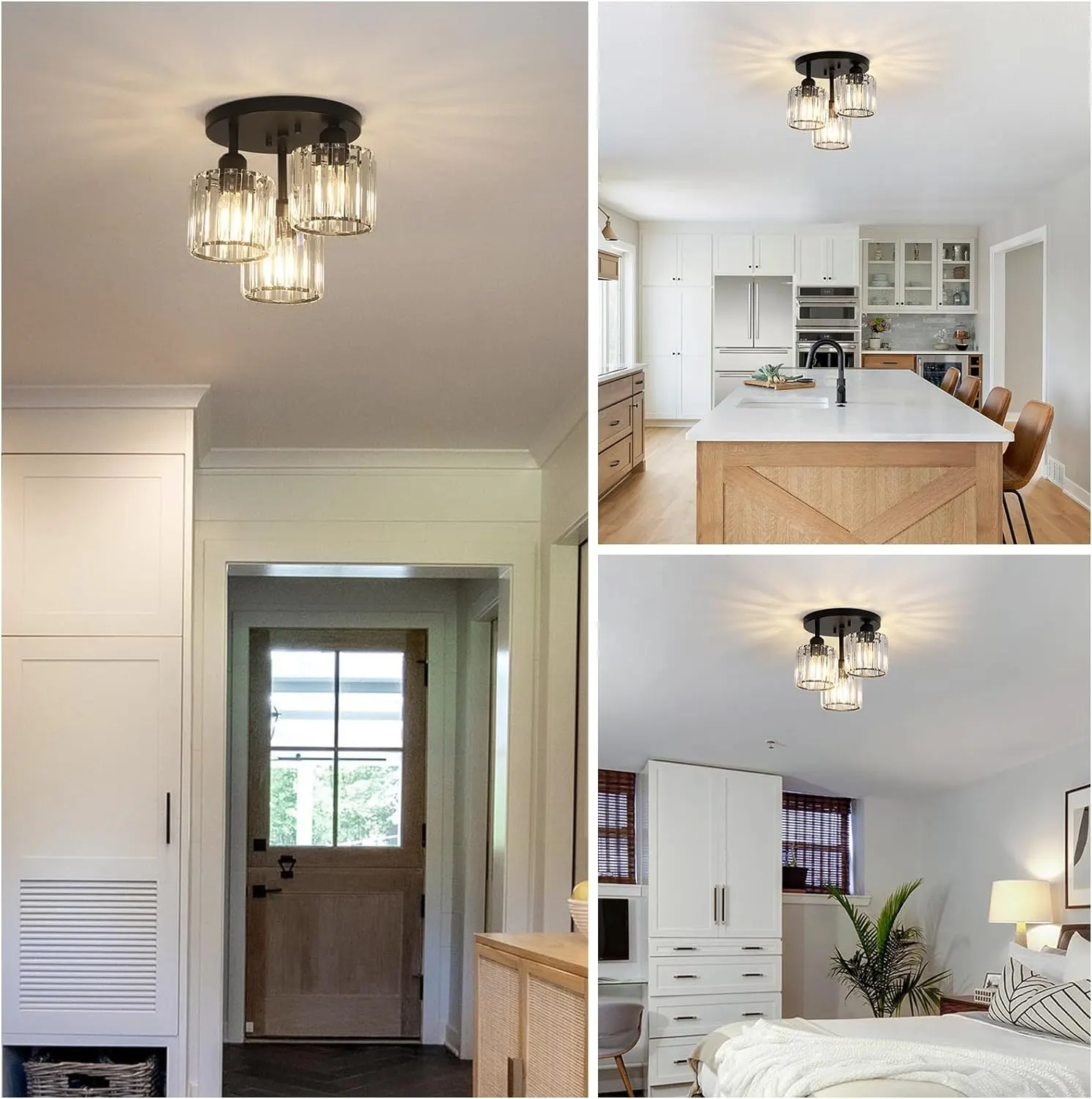 Modern Black 3-Light Crystal Semi-Flush Mount Ceiling Light, image 8 of 9