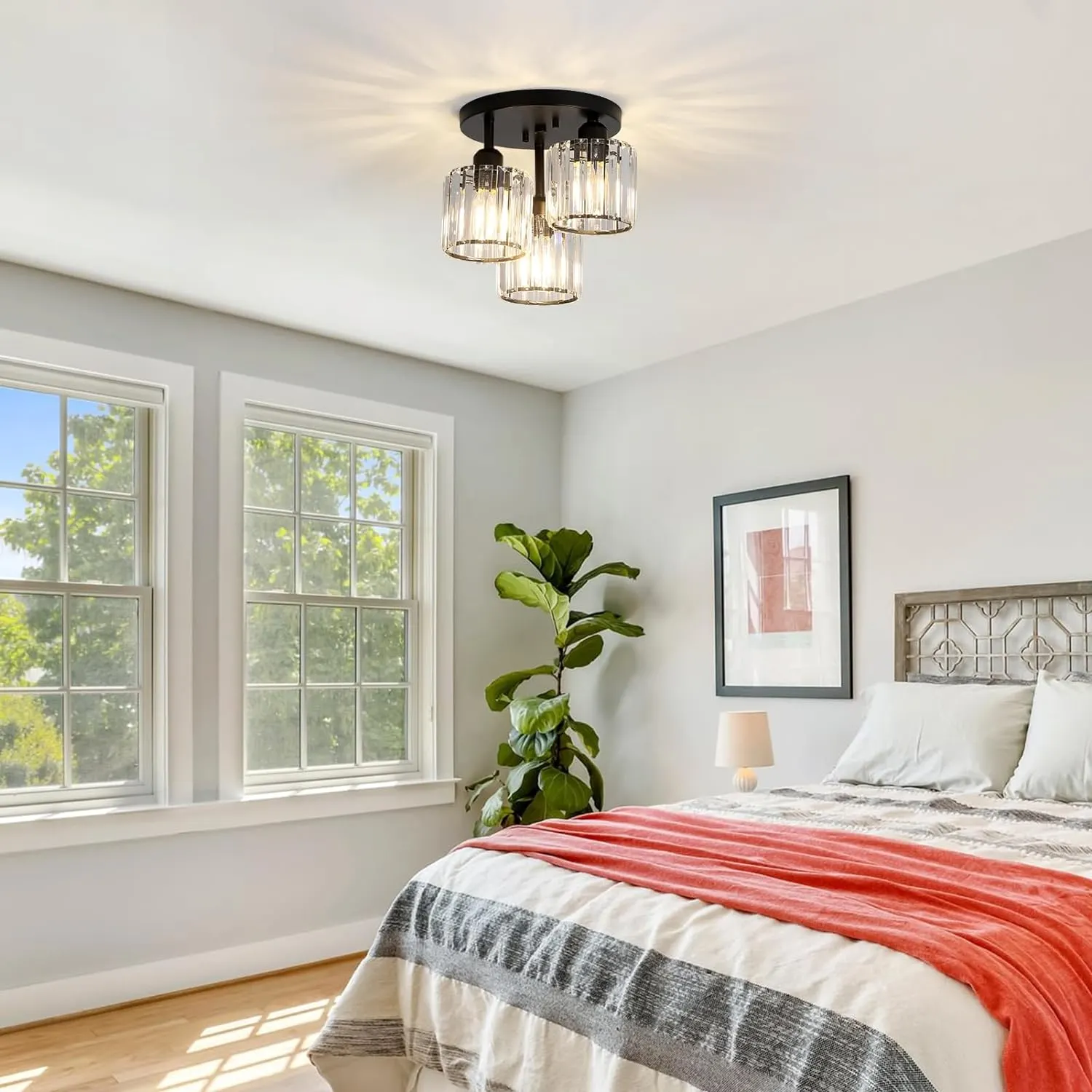 Modern Black 3-Light Crystal Semi-Flush Mount Ceiling Light, image 9 of 9