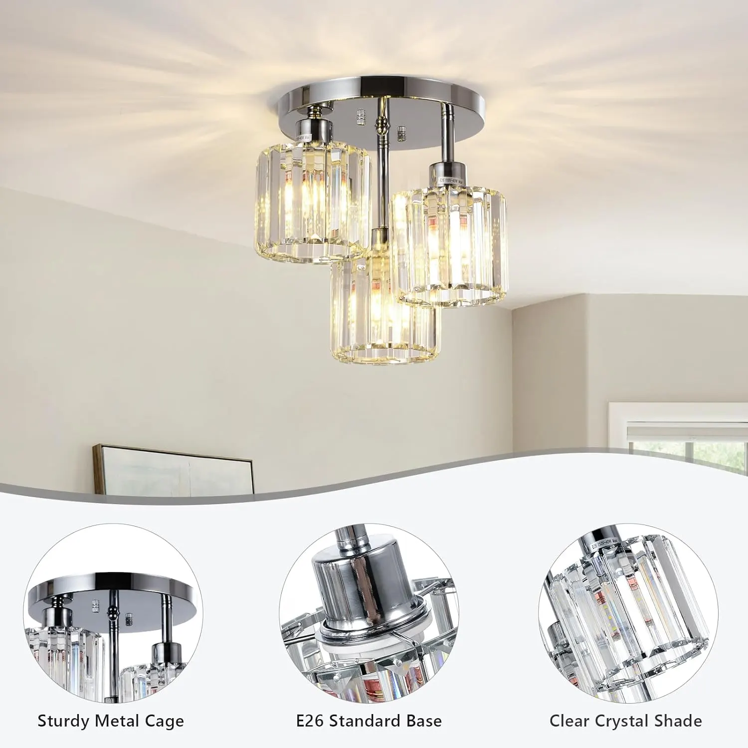 Modern Silver 3-Light Crystal Semi-Flush Mount Ceiling Light, image 2 of 9