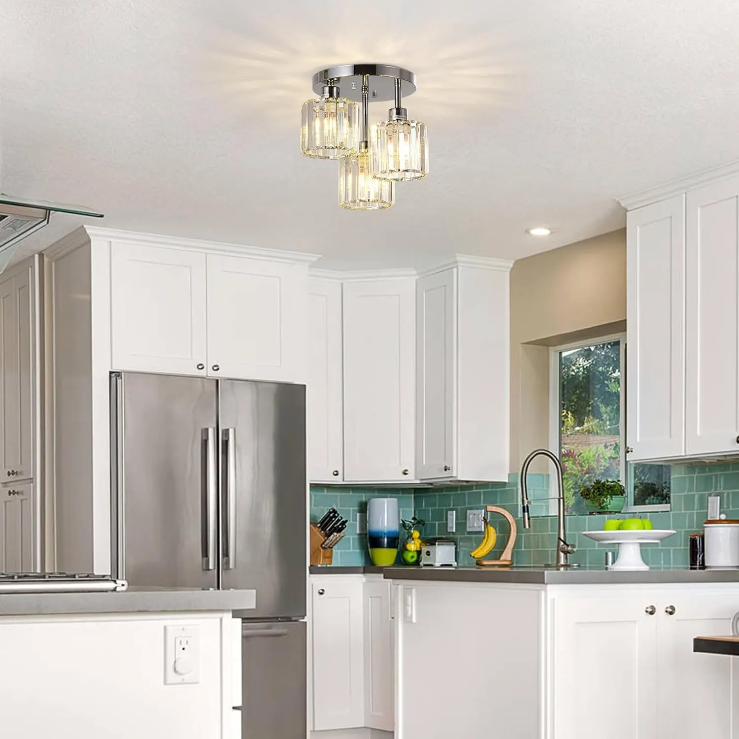 Modern Silver 3-Light Crystal Semi-Flush Mount Ceiling Light
