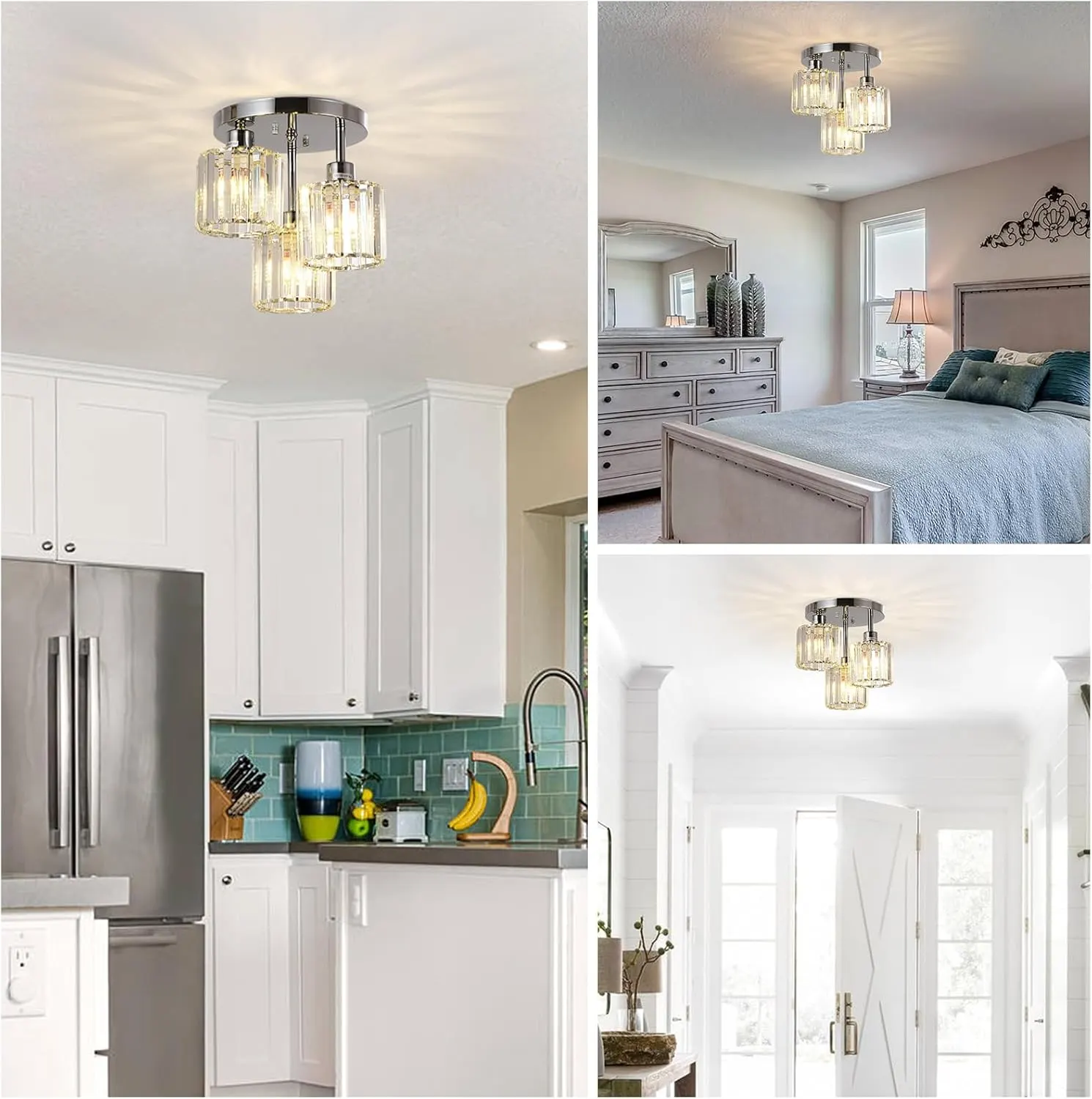 Modern Silver 3-Light Crystal Semi-Flush Mount Ceiling Light, image 3 of 9