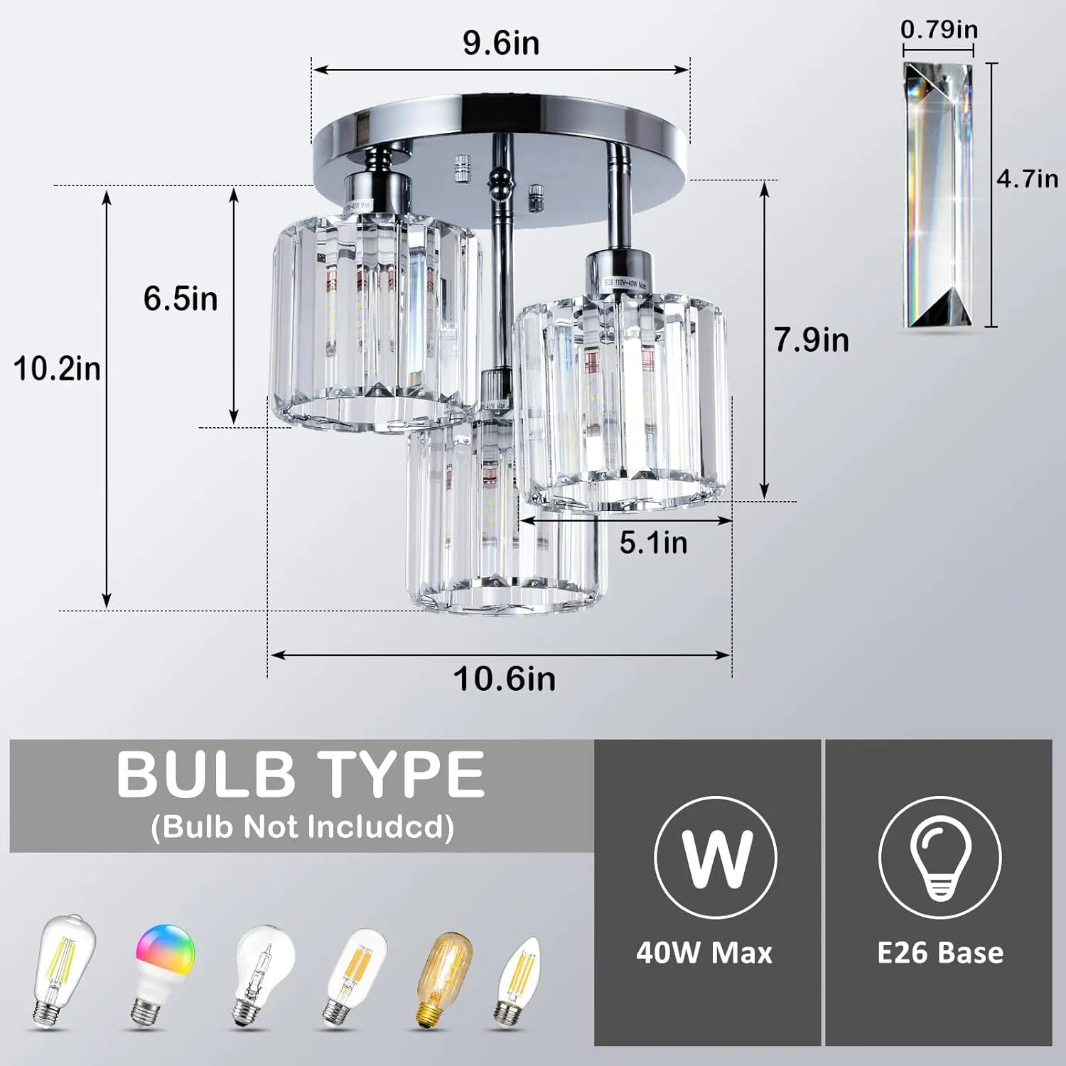 Modern Silver 3-Light Crystal Semi-Flush Mount Ceiling Light, image 5 of 9