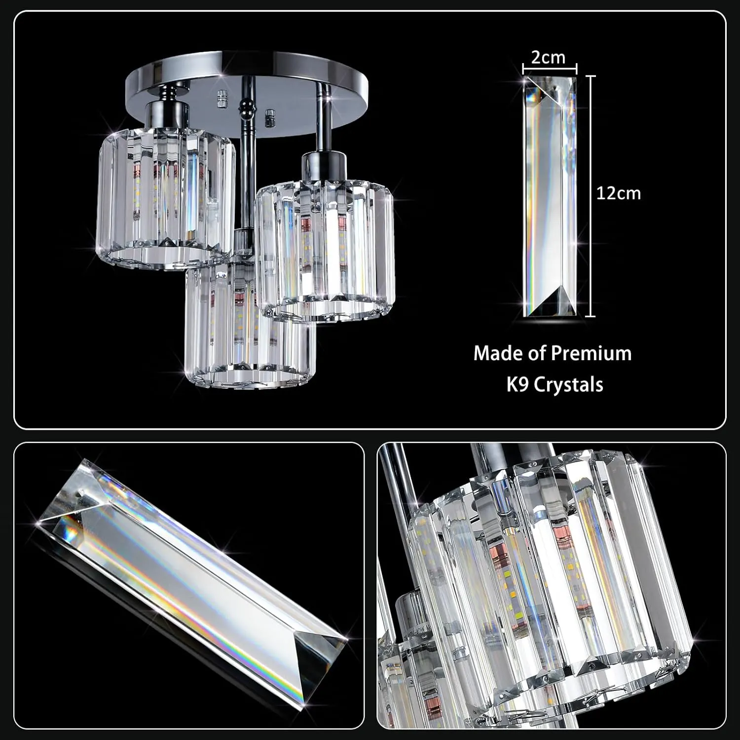 Modern Silver 3-Light Crystal Semi-Flush Mount Ceiling Light, image 9 of 9