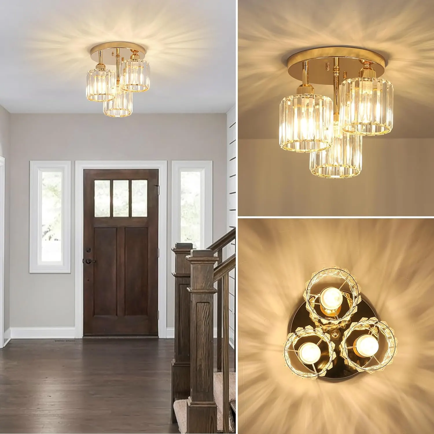 Modern Gold 3-Light Crystal Semi-Flush Mount Ceiling Light, image 2 of 9
